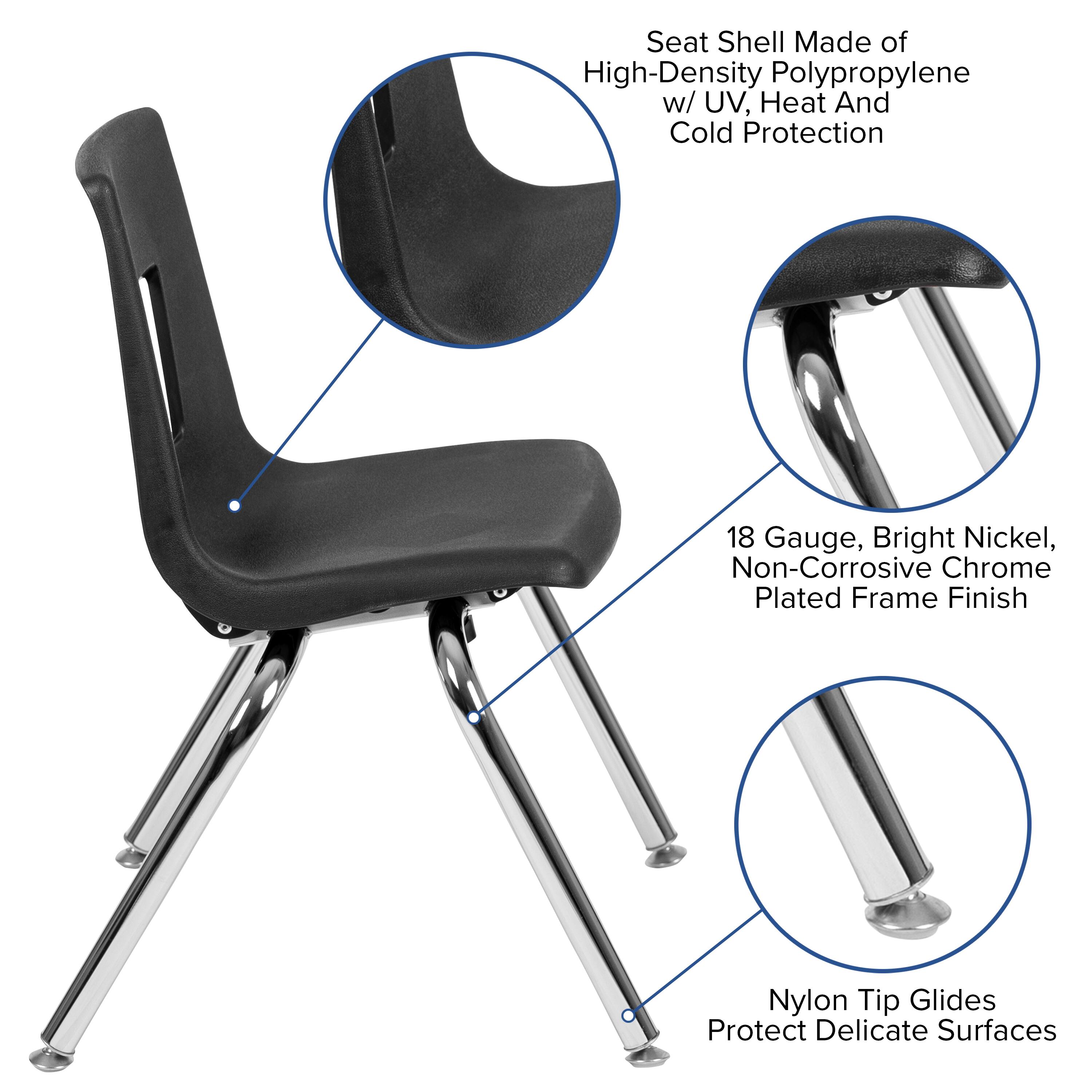 Seat Shell Made of High-Density Polypropylene w/ UV, Heat And Cold Protection  
18 Gauge, Bright Nickel, Non-Corrosive Chrome Plated Frame Finish  
Nylon Tip Glides Protect Delicate Surfaces