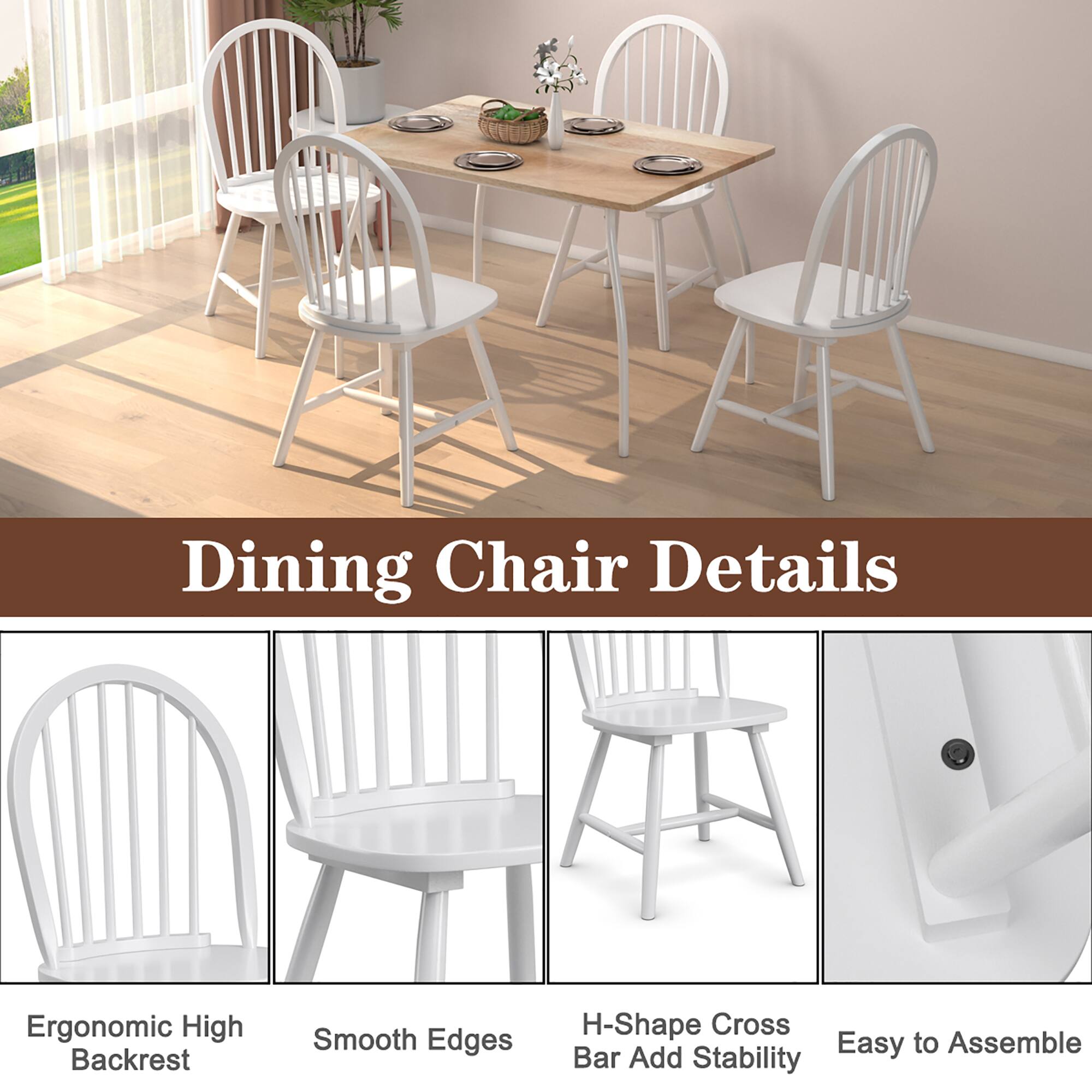 Dining Chair Details: Ergonomic High Backrest, Smooth Edges, H-Shape Cross, Easy to Assemble, Bar Add Stability.