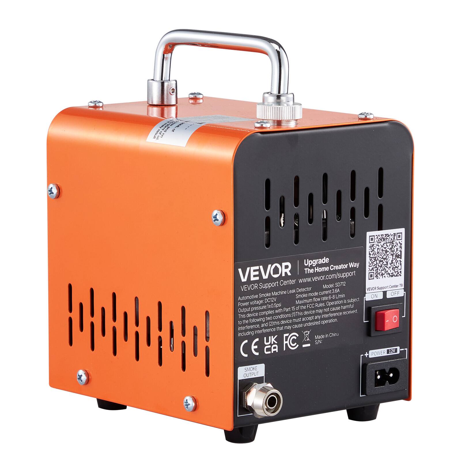 Upgrade Creator Way  
VEVOR  
The Home Center  
www.vevor.com/support  
Model: SO712  

VEVOR Support Center 79  
VEVOR Leak Detector  
Smoke Machine  

Smoke mode: 36  
ON/OFF  
DC12V  
Maximum flow: 8 L/min  
Power voltage: 10-30V  
Operation pressure: 0-10 Bar  

This device complies with Part 15 of the FCC Rules. This device may cause harmful interference if not operated in accordance with the instructions. If this is the case, try to determine the source of the interference and fix it. This device must accept any interference received, including that which may cause undesired operation.  

Made in China  
UK FC  
CE  
PO:  
S/N:  

SMOKE OUTPUT