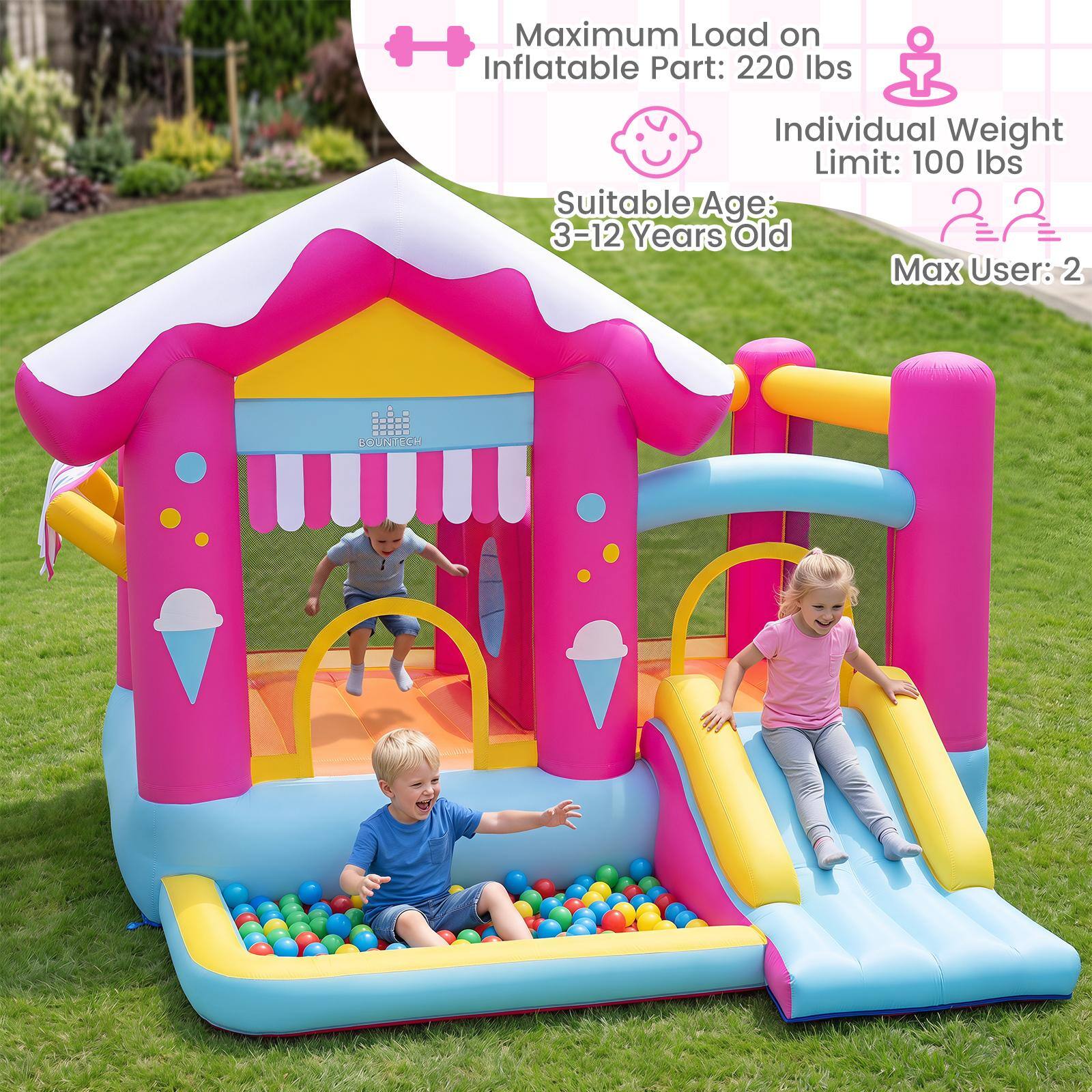 Maximum Load on Inflatable Part: 220 lbs  
Individual Weight Limit: 100 lbs  
Suitable Age: 3-12 Years Old  
Max User: 2