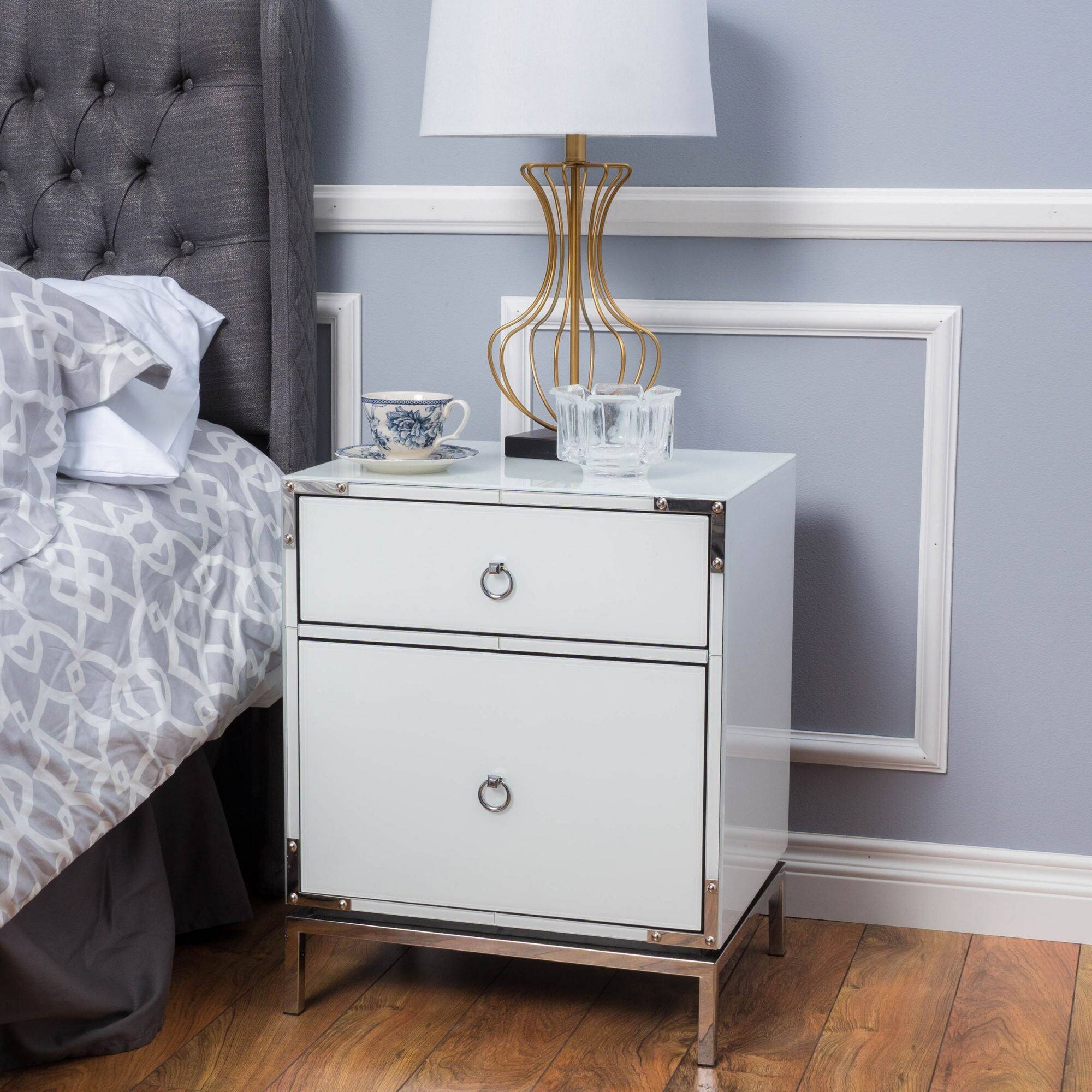 Alt View 7. Boyel Living - Modern White Elegant 2-Drawer Nightstand with Silver Mirrored Edge and Legs. End Table with Drawer and Cabinet - White.