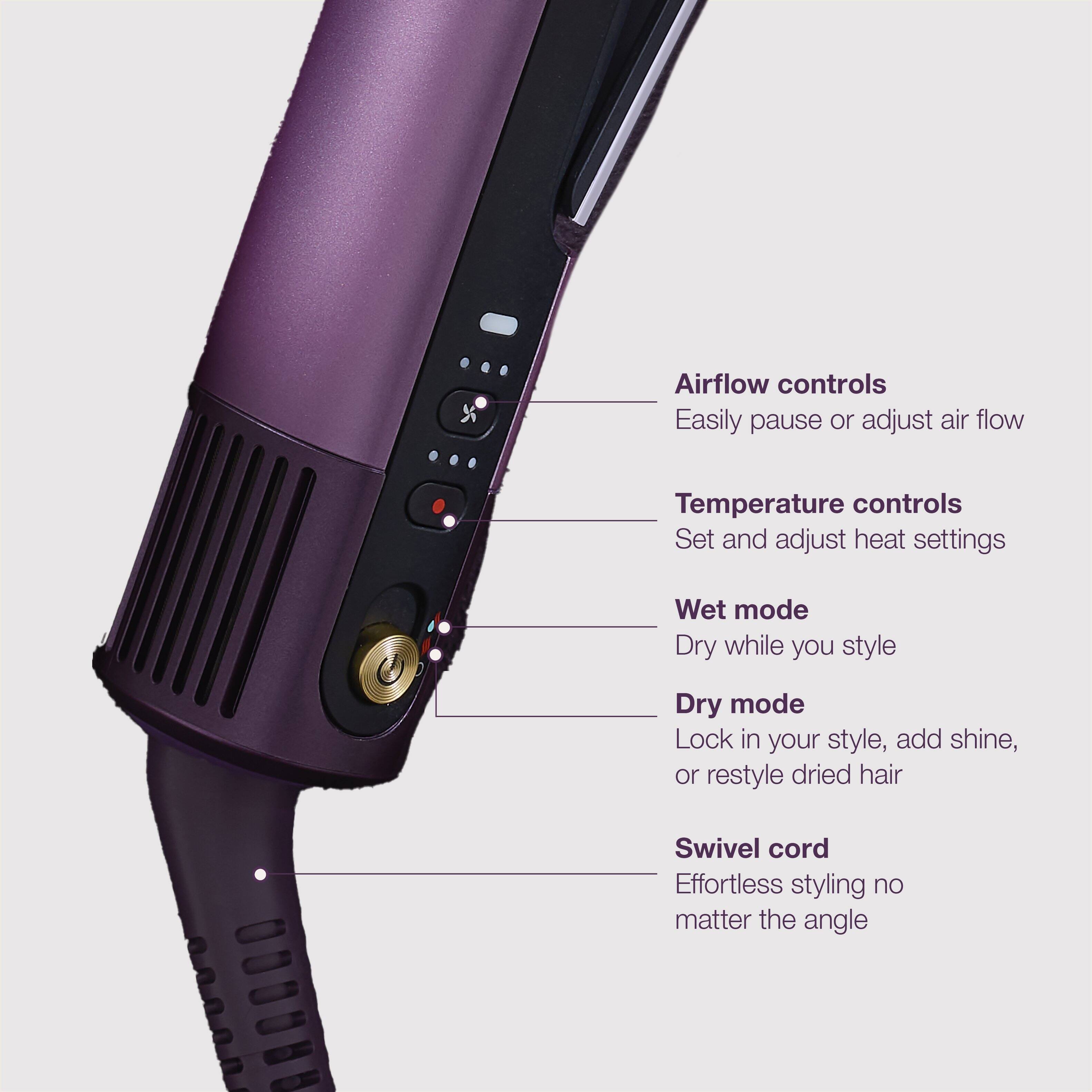 - Airflow controls: Easily pause or adjust air flow
- Temperature controls: Set and adjust heat settings
- Wet mode: Dry while you style
- Dry mode: Lock in your style, add shine, or restyle dried hair
- Swivel cord: Effortless styling no matter the angle
