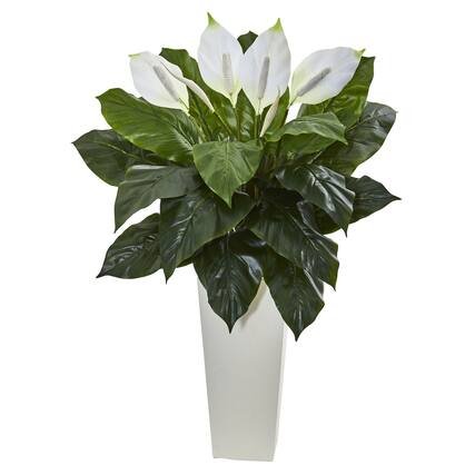 Front. BreeBe - 3' Spathifyllum Plant in White Tower Planter - Green.