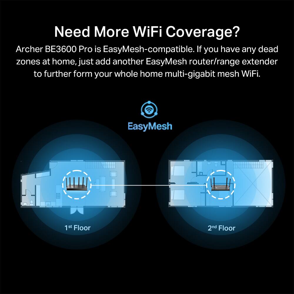 Need More WiFi Coverage?

Archer BE3600 Pro is EasyMesh-compatible. If you have any dead zones at home, just add another EasyMesh router/range extender to further form your whole home multi-gigabit mesh WiFi.

EasyMesh

1st Floor

2nd Floor