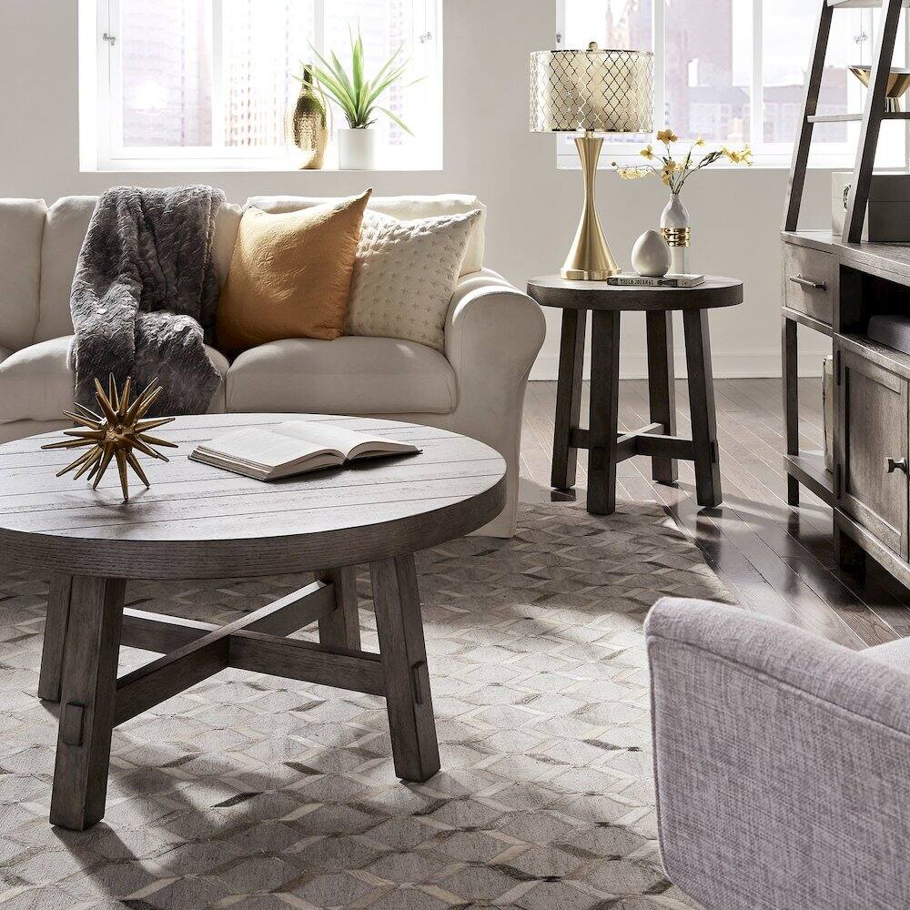 Back. Liberty Furniture Industries - 3 Piece Living Room Set - Cocktail table, 2 End Tables - Charcoal Oak Wood - Dusty Charcoal W/ Heavy Distressing.