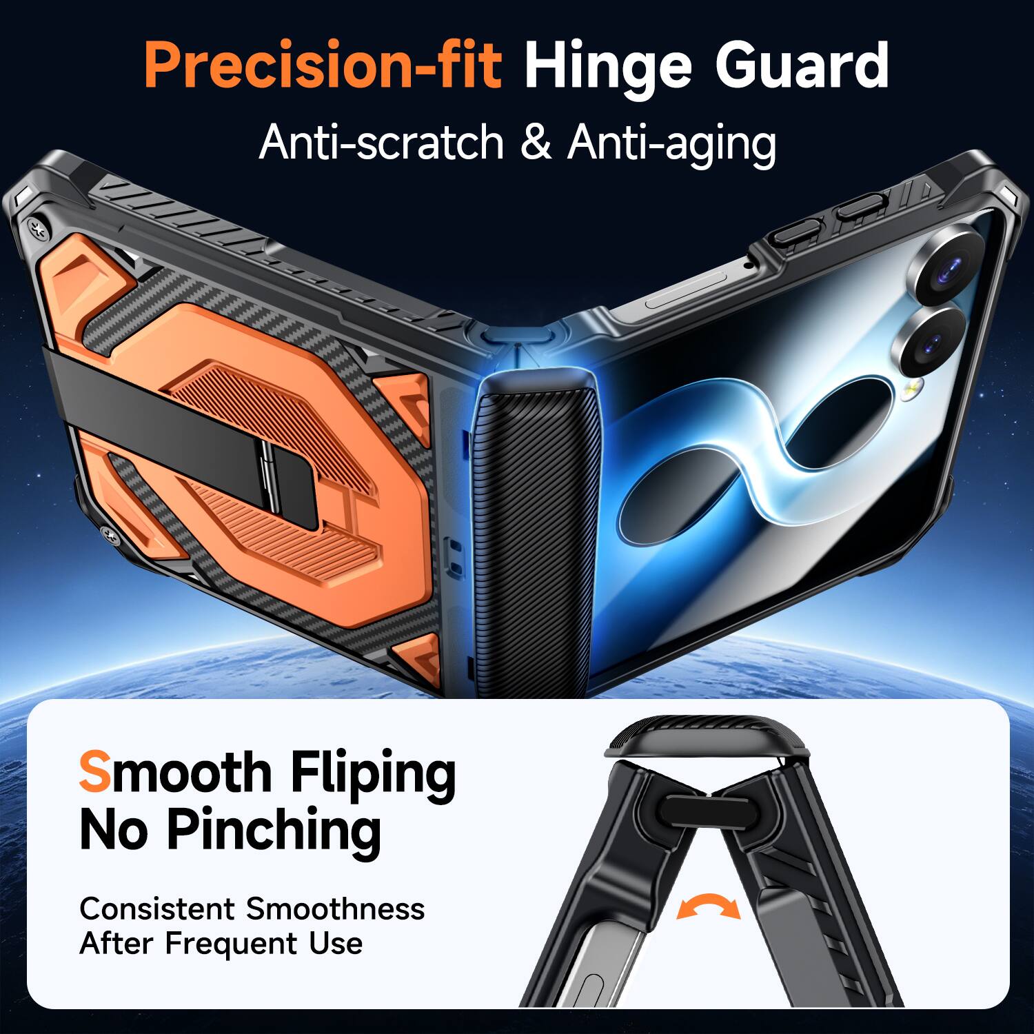Precision-fit Hinge Guard  
Anti-scratch & Anti-aging  

Smooth Flipping  
No Pinching  
Consistent Smoothness After Frequent Use