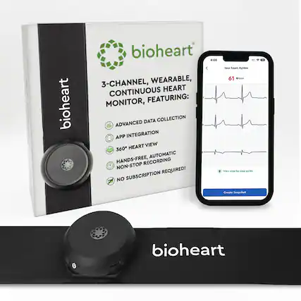 bioheart
3-CHANNEL, WEARABLE, CONTINUOUS HEART MONITOR, FEATURING:
- ADVANCED DATA COLLECTION
- APP INTEGRATION
- 360° HEART VIEW
- HANDS-FREE, AUTOMATIC NON-STOP RECORDING
- NO SUBSCRIPTION REQUIRED!
Your heart rhythm
61 bpm
View step-by-step guide
Create Snapshot
