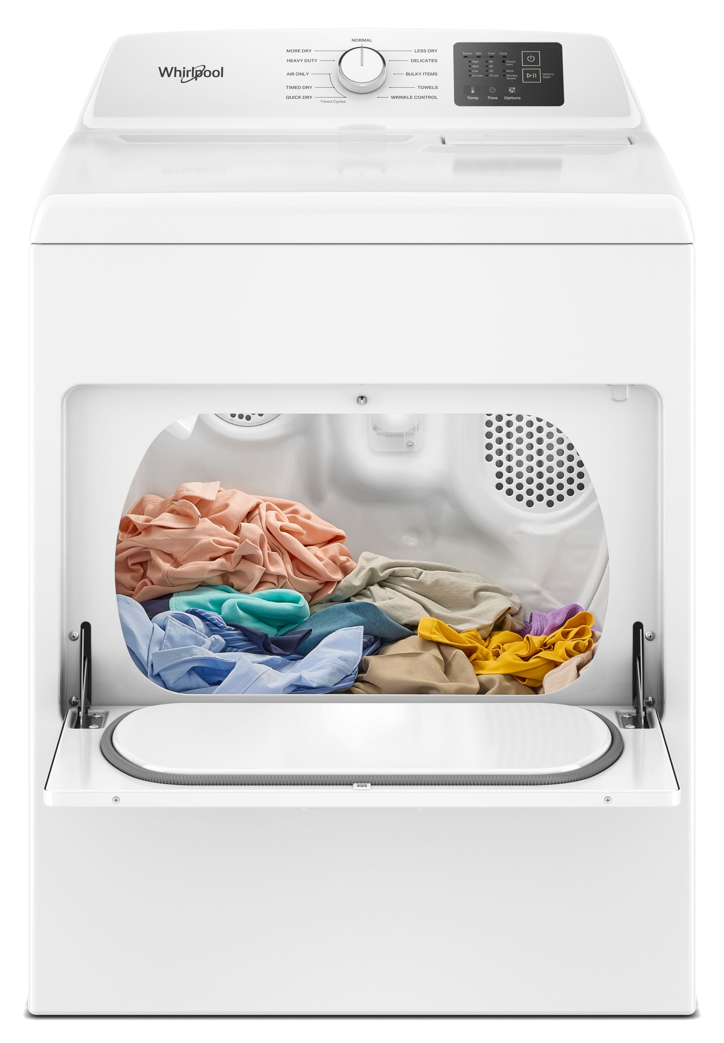 Whirlpool
- MORE DRY
- HEAVY DUTY
- AIR-ONLY
- TIMED DRY
- QUICK DRY
- Tumble Cycles
- LESS DRY
- DELICATES
- BULKY ITEMS
- TOWELS
- WRINKLE CONTROL
NORMAL
- Timer
- Start
- Custom