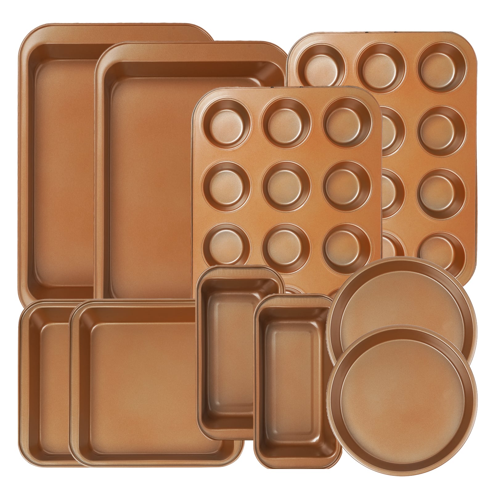 KOOMADE - 10-Piece Nonstick Carbon Steel Baking Pan Set with Cookie Sheets, Cake Pans, Roasting Pan & More - antique bronze gold
