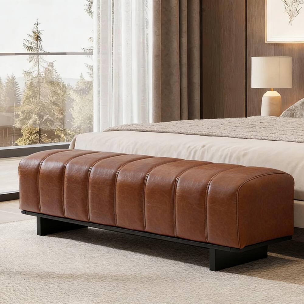 Angle. Ropilly - Ropilly 63 Inch Brown PU Leather Dining Bench, Modern Indoor Entryway Seating with Rubber Wood Legs - Brown.