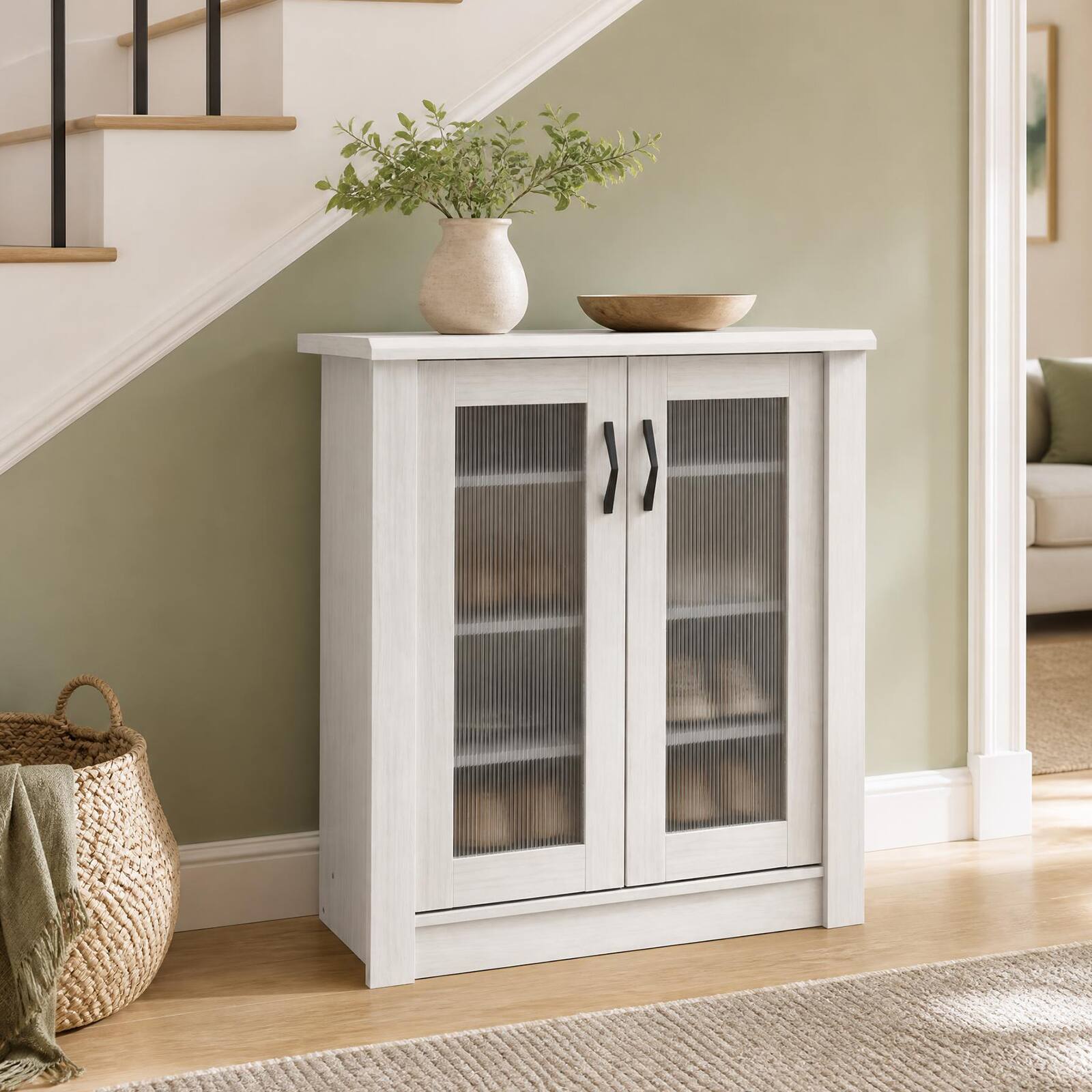 Alt View 3. Costway - Costway 2-Door Shoe Cabinet with Removable Shelves, Fluted Transparent Doors, Cable Holes - 2-Door White.