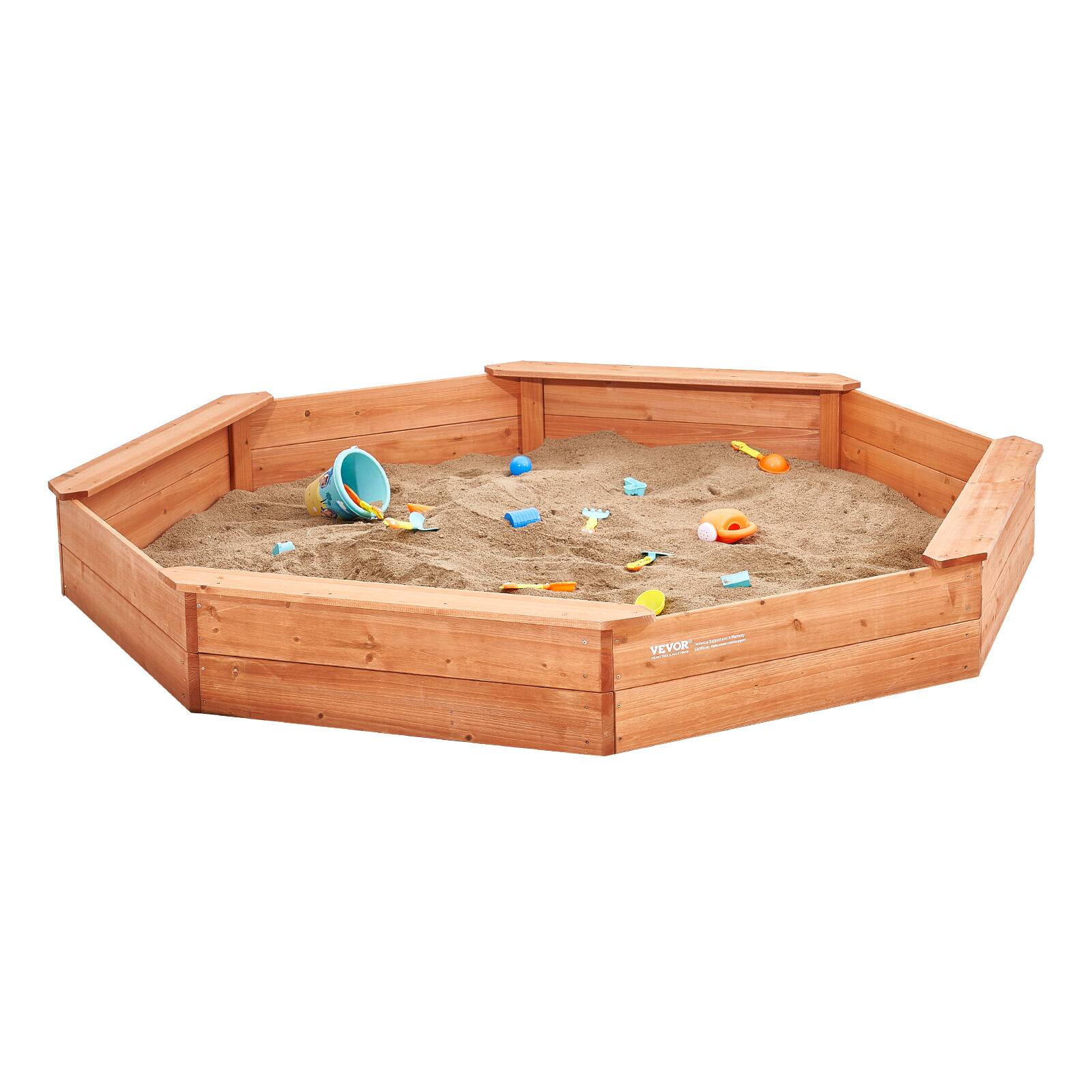 Alt View 5. VEVOR - Wooden Sandbox with Cover, 75.6 x 75.6 x 9.1 in Octagonal Sand Box,Sand Pit with 4 Seating and Bottom Liner,Kids Sandbox - Bright orange-red.