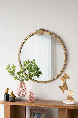 BreeBe - 30x31' Round Wall Mirror With Finish And Decorative Leaf Crest - Gold