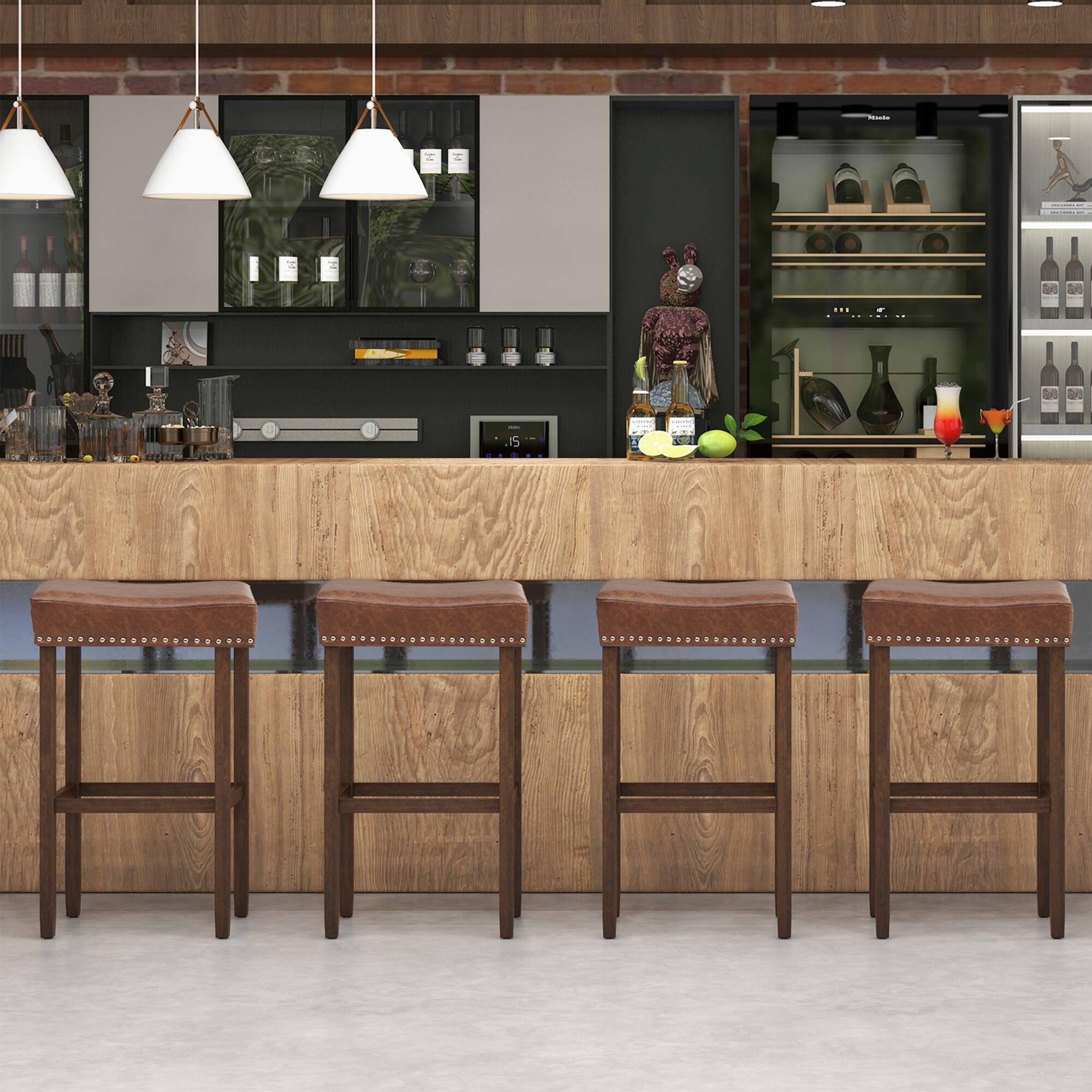 Alt View 2. Gymax - Gymax 4PCS 29.5'' Bar Stool Set Counter Height Saddle Stools w/ Rubber Wood Frame - Brown.