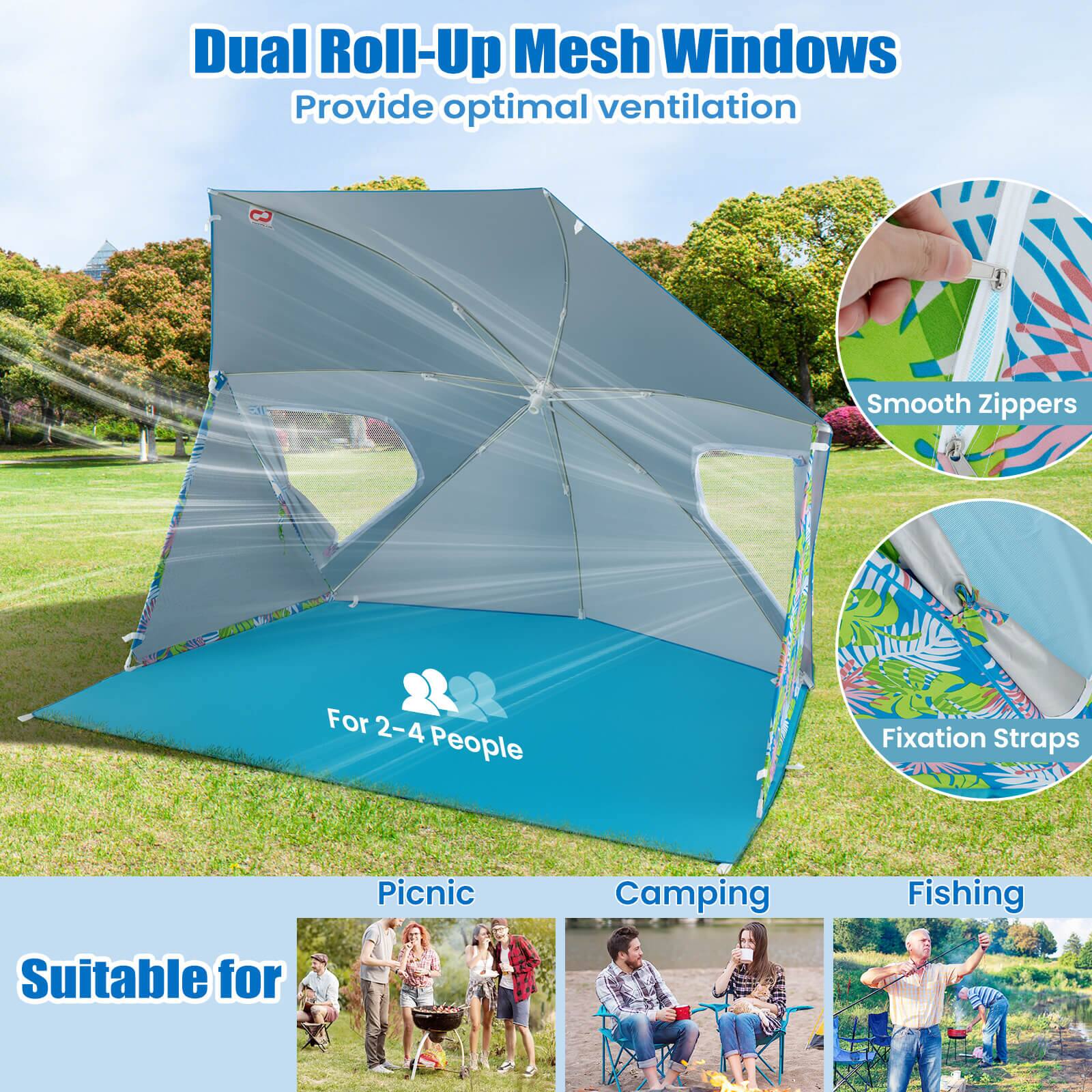 Dual Roll-Up Mesh Windows: Provide optimal ventilation. Smooth Zippers: 1L x 2-4 People. Fixation Straps: Picnic, Camping, Fishing. Suitable for: