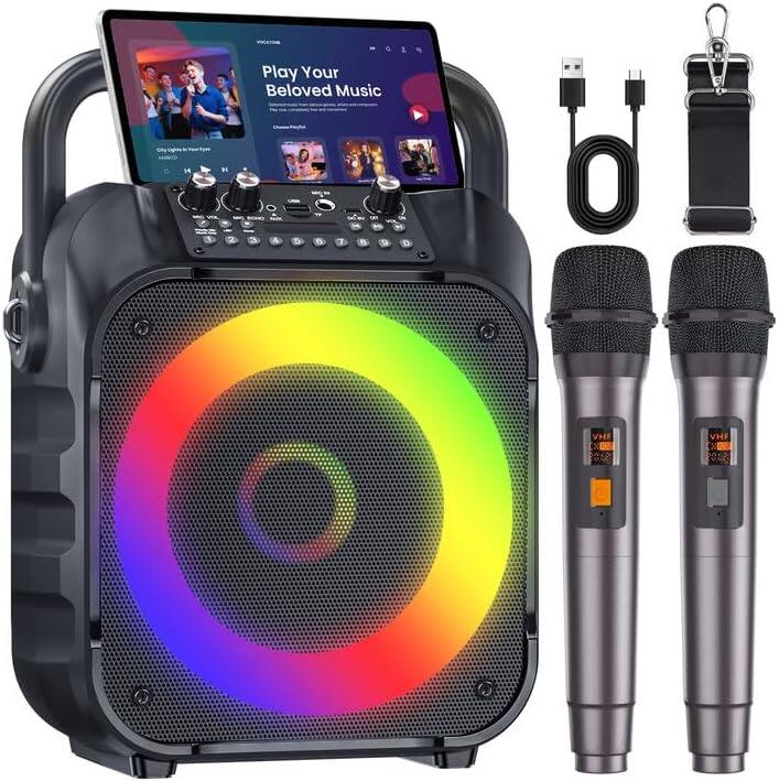 Stamp n Camp - Karaoke Machine with Two Wireless Microphones, Portable for Adults & Kids, Bluetooth Speaker PA System, LED Lights, TF