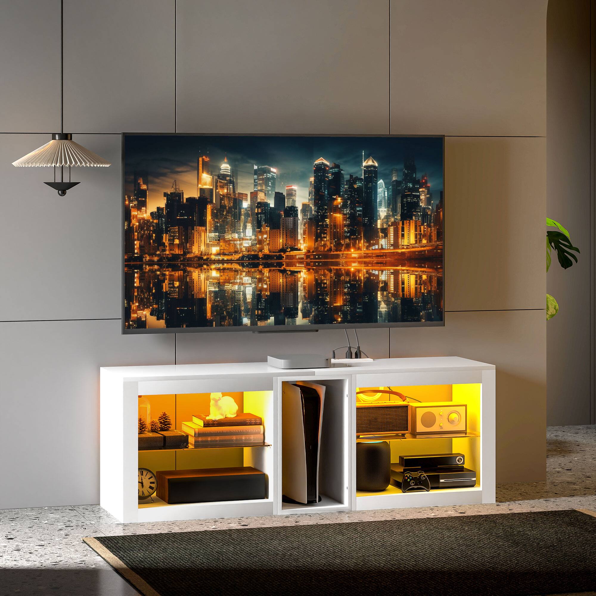 Alt View 1. Homcom - Modern TV Stand with LED Lights and Power Outlets for 55 Inch TV, 51" High Gloss Entertainment Center - White.