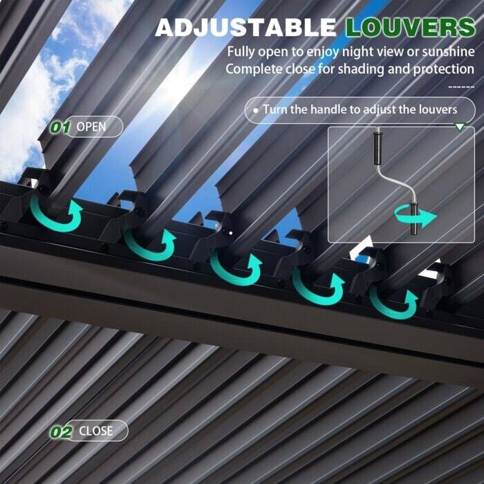 ADJUSTABLE LOUVERS

Fully open to enjoy night view or sunshine  
Complete close for shading and protection

01 OPEN  
Turn the handle to adjust the louvers

02 CLOSE