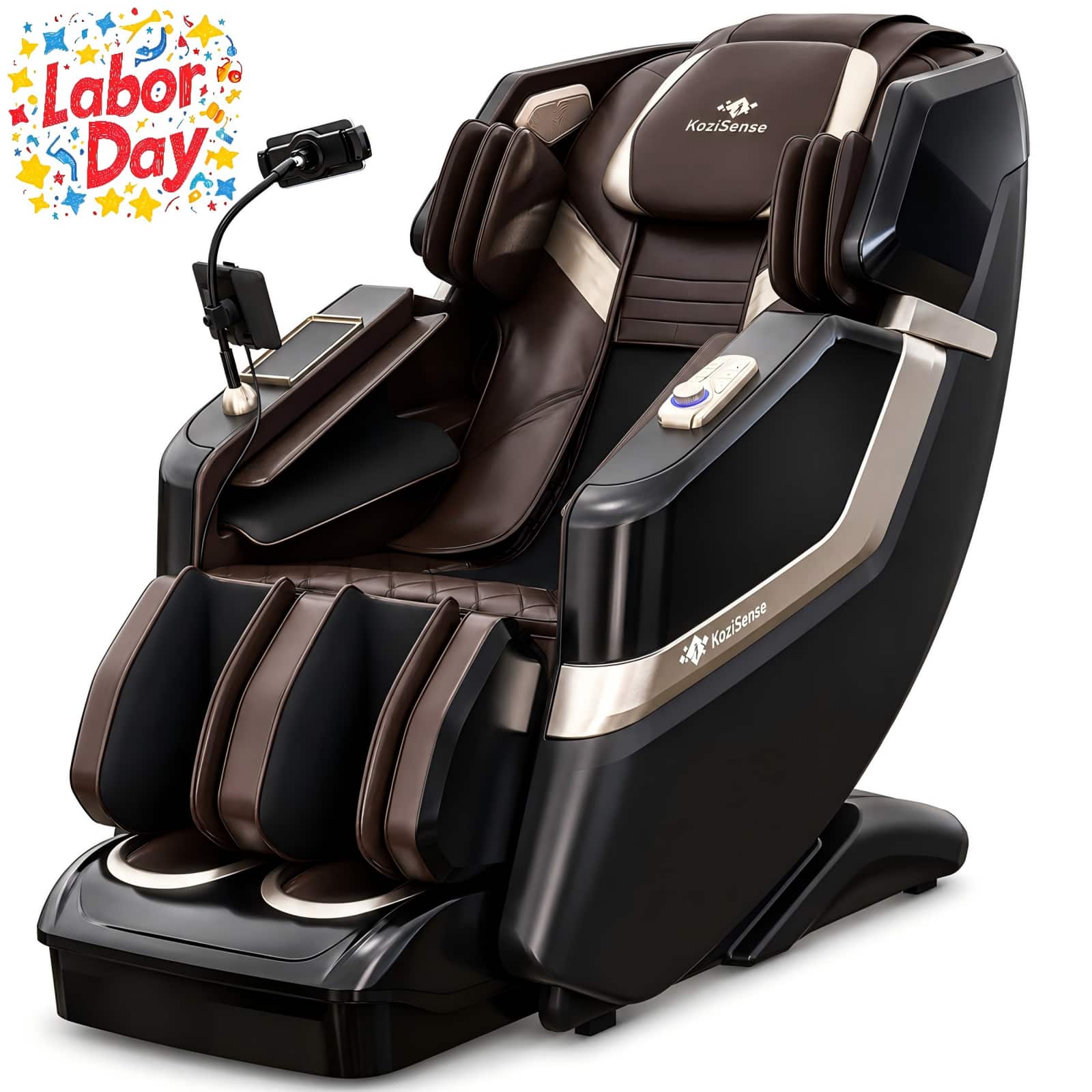 KoziSense - KZ-313 3D Heated Jade Stone Roller Massage Chair,Deep Zero Gravity,SL-Track,Heat,Backlit Touch Screen,Wireless Charger - Black and Brown