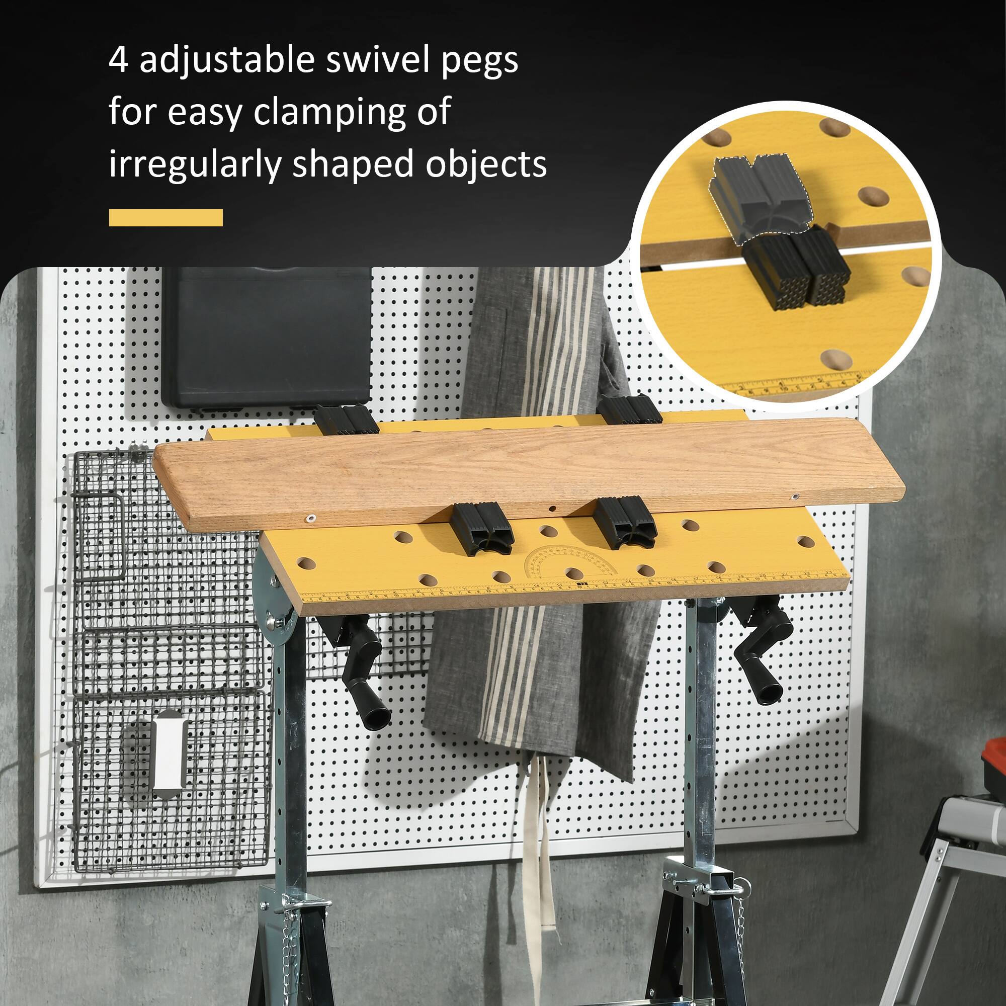4 adjustable swivel pegs for easy clamping of irregularly shaped objects
