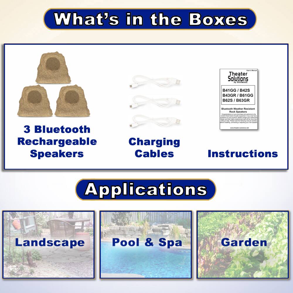 What's in the Boxes

- 3 Bluetooth Rechargeable Speakers
- Charging Cables
- Instructions

Applications

- Landscape
- Pool & Spa
- Garden

Theater Solutions  
B41GG / B42S / B43GR / B61GG / B62S / B63GR  
Bluetooth Weather Resistant Rock Speakers
