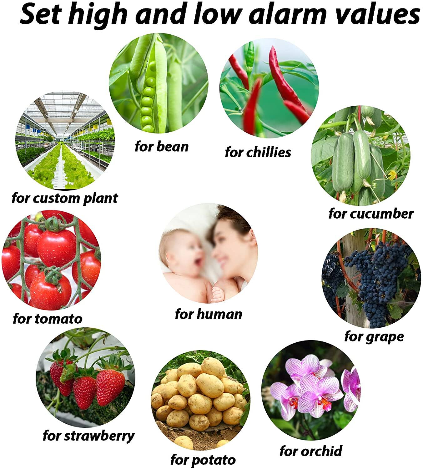 Set high and low alarm values

- for bean
- for chillies
- for cucumber
- for tomato
- for human
- for grape
- for strawberry
- for potato
- for orchid
- for custom plant