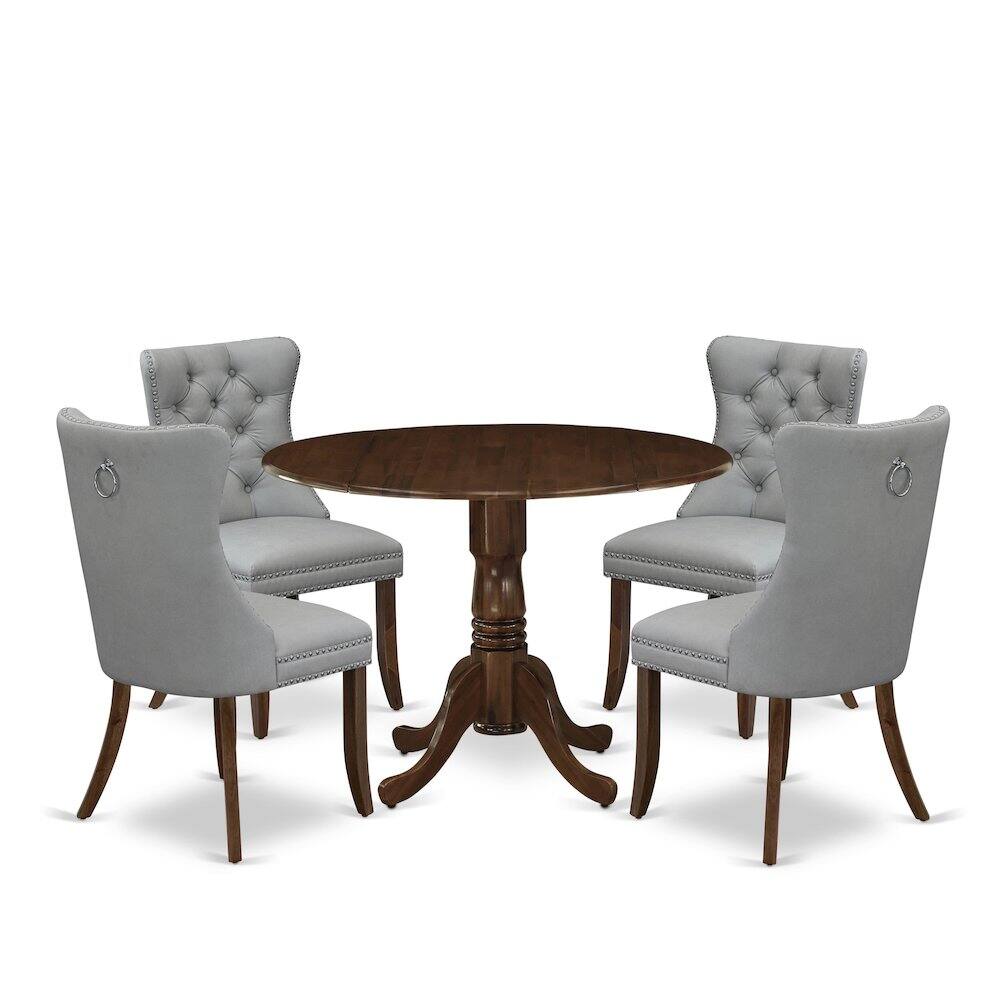 Angle. East West Furniture - 5 Piece Modern Dining Table Set Consists of a Round Kitchen Table with Dropleaf - Antique Walnut.