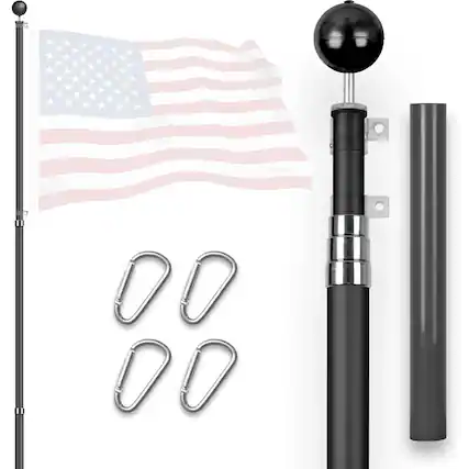 Front. G128 - G128 16 ft Telescoping Aluminum Black Flagpole Heavy Duty In Ground Flag Pole - Black.