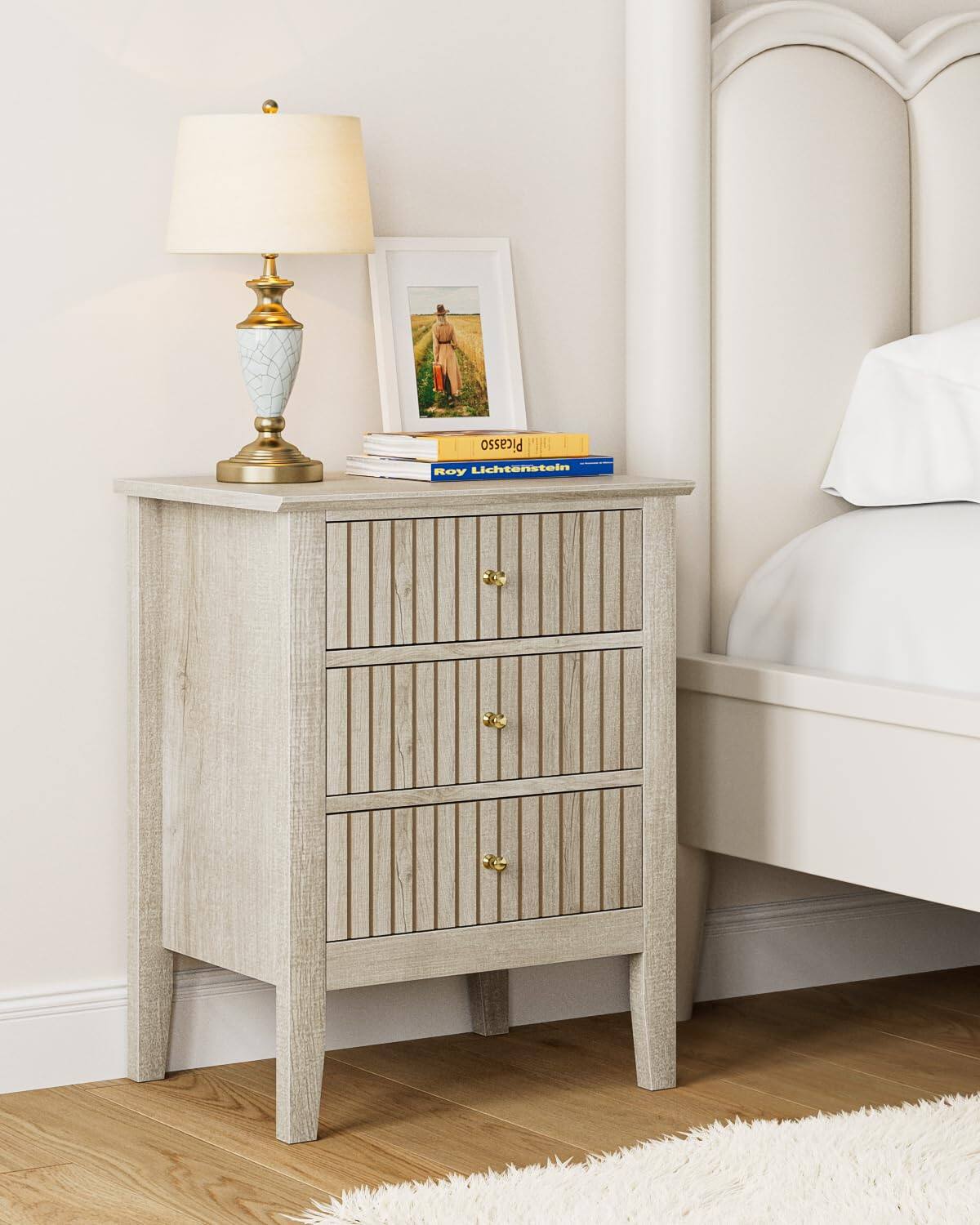Empire DigiLabs - Night Stand Fluted Nightstand Bedside Tall Farmhouse With 3 Drawers Mid Century Modern Side Accent Table En - Beige