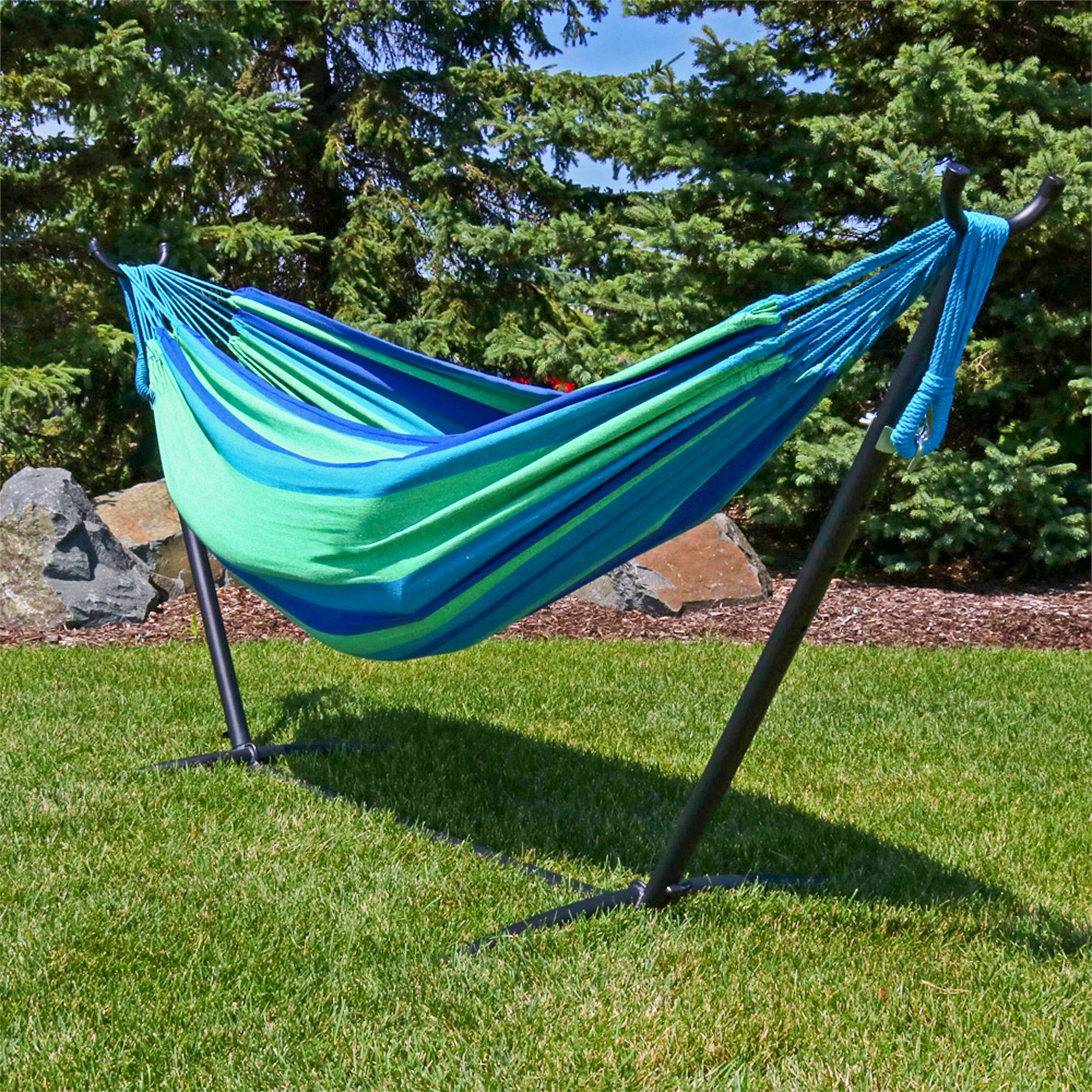 Alt View 1. Sunnydaze - 2-Person Woven Cotton Brazilian Hammock - Oasis.