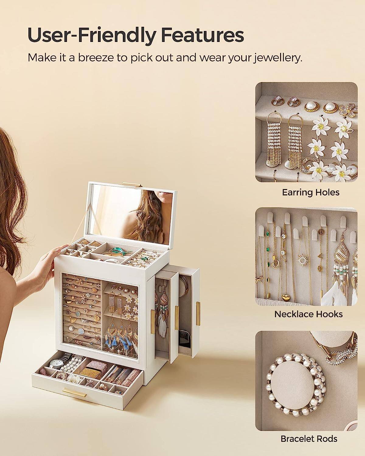 User-Friendly Features  
Make it a breeze to pick out and wear your jewellery.  

Earring Holes  
Necklace Hooks  
Bracelet Rods