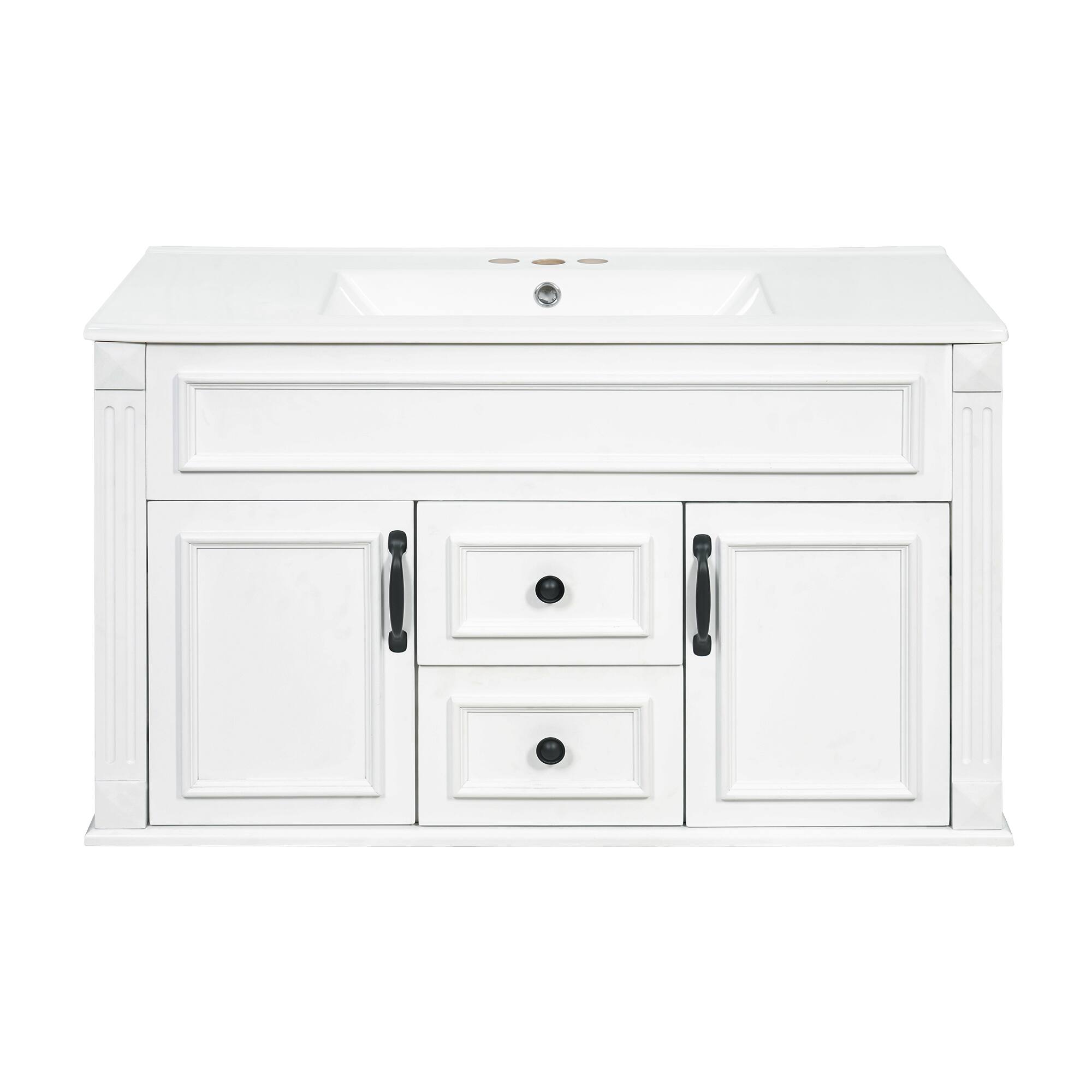 Back. Whisen - 36" Wall Mounted Bathroom Vanity Cabinet with Sink Drawers and Soft Closing Hinges Floating Storage - White.