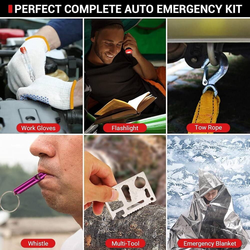 PERFECT COMPLETE AUTO EMERGENCY KIT

- Work Gloves
- Flashlight
- Tow Rope
- Whistle
- Multi-Tool
- Emergency Blanket
