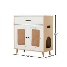 U-HOMY - Hidden Cat Litter Box Cabinet with Drawer, Ventilation, and Scratch Door Furniture - White