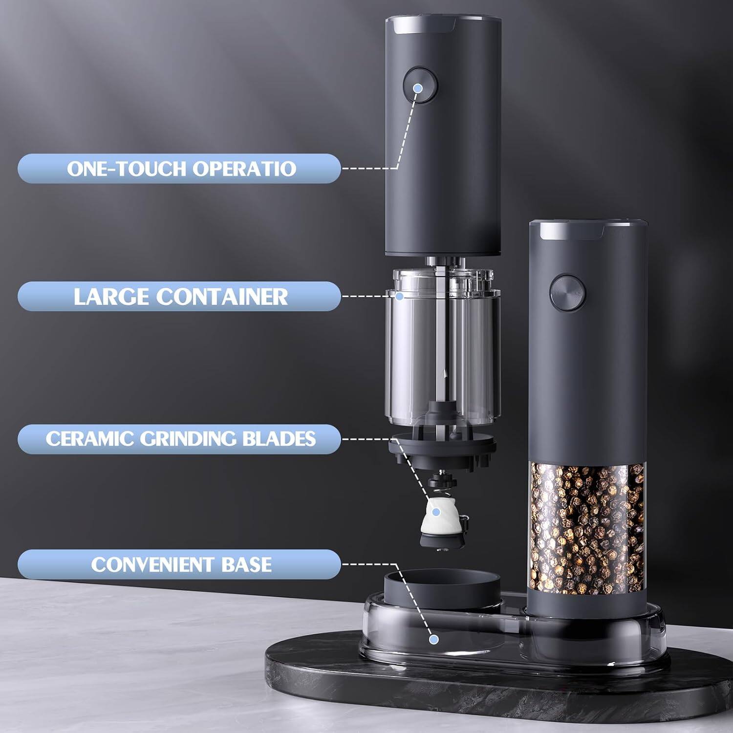 ONE-TOUCH OPERATION  
LARGE CONTAINER  
CERAMIC GRINDING BLADES  
CONVENIENT BASE