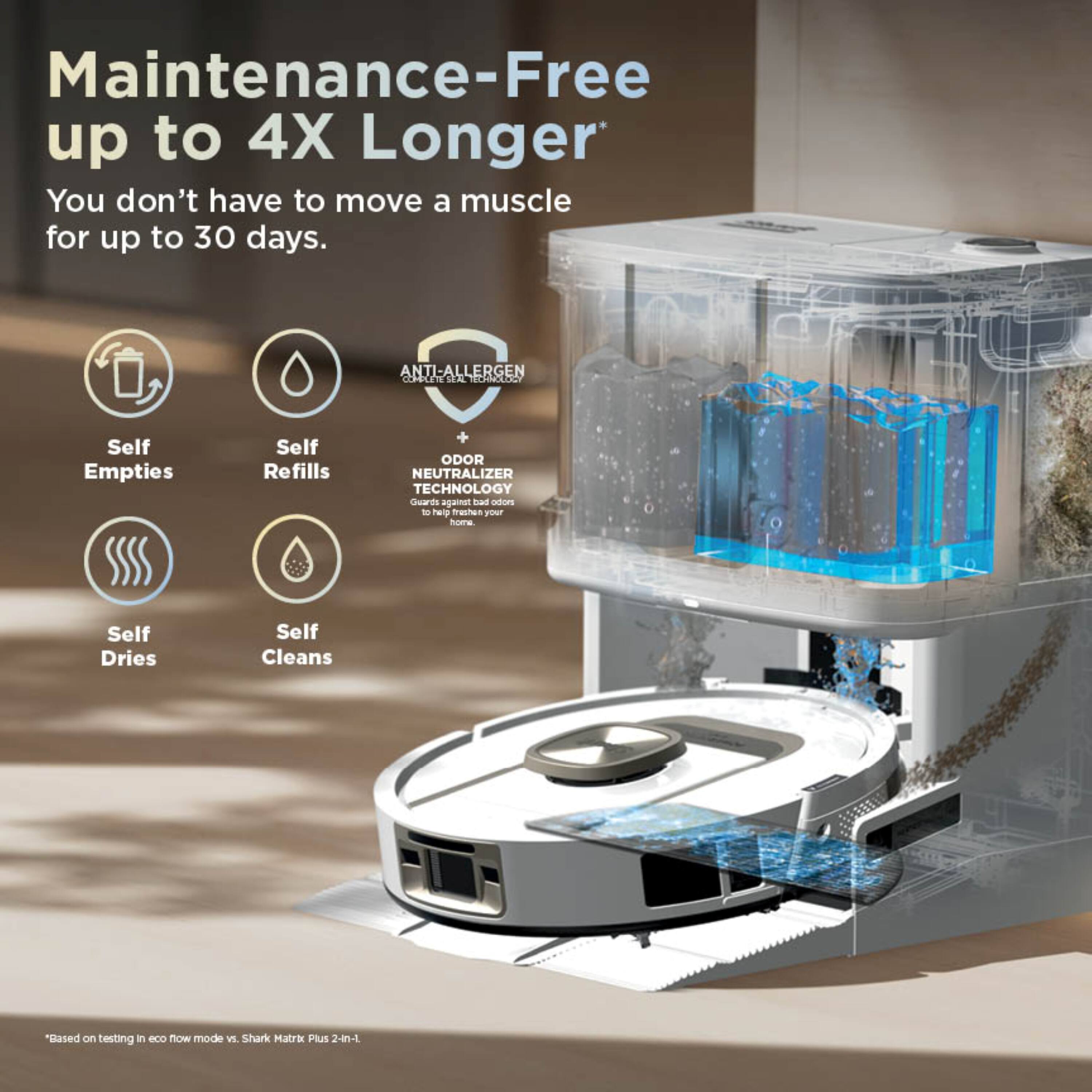 Maintenance-Free up to 4X Longer  
You don't have to move a muscle for up to 30 days.  

ANTI-ALLERGEN COOLER  
Self Empties  
Self Refills  
+ ODOR NEUTRALIZER TECHNOLOGY  
Self Dries  
Self Cleans  

*Based on testing in eco now mode vs. Shark Matrix Plus 2-in-1
