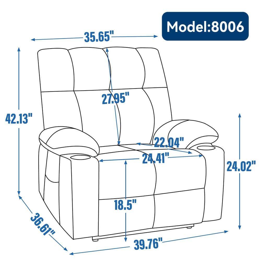 Model: 8006

- Width: 42.13"
- Depth: 35.65"
- Height: 27.95"
- Seat Height: 18.5"
- Seat Depth: 24.41"
- Armrest Height: 22.04"
- Armrest Width: 24.02"
- Overall Width: 39.76"
- Overall Depth: 36.61"