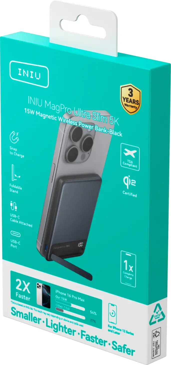 INIU MagPro Pro Warranty 15W Ultra Magnetic Wireless Slim 5K Power Bank-Black Snap to Charge TSA Compliant Foldable Stand sip Certified USB-C Cable Attached USB-C Port by NO.1x 1 Complete Charge 2X iPhone Faster Our 16 Pro 15W Max Draw 4 taued on Other NU M 75N The m Smaller may vary 54% depending on devce and 27% cble uved Lighter For and IPhone 12 Later Series Faster Safer IMIU AA C FSC I M C107436 VCS