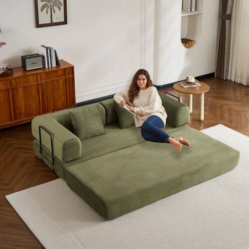 Angle. Anysun - Corduroy Convertible Sleeper Sofa Bed with Cylindrical Pillow - Folding Mattress Couch for Living Room & Bedroom - Green.