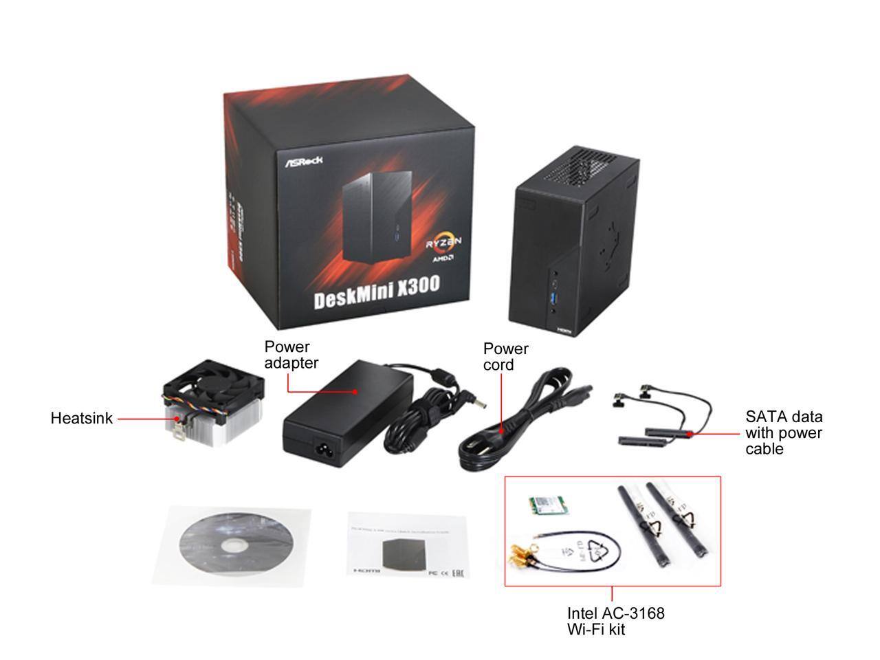 ASRock RYZAN GOMA DeskMini X300  
- Power adapter  
- Power cord  
- Heatsink  
- SATA data with power cable  
- Intel AC-3168 Wi-Fi kit