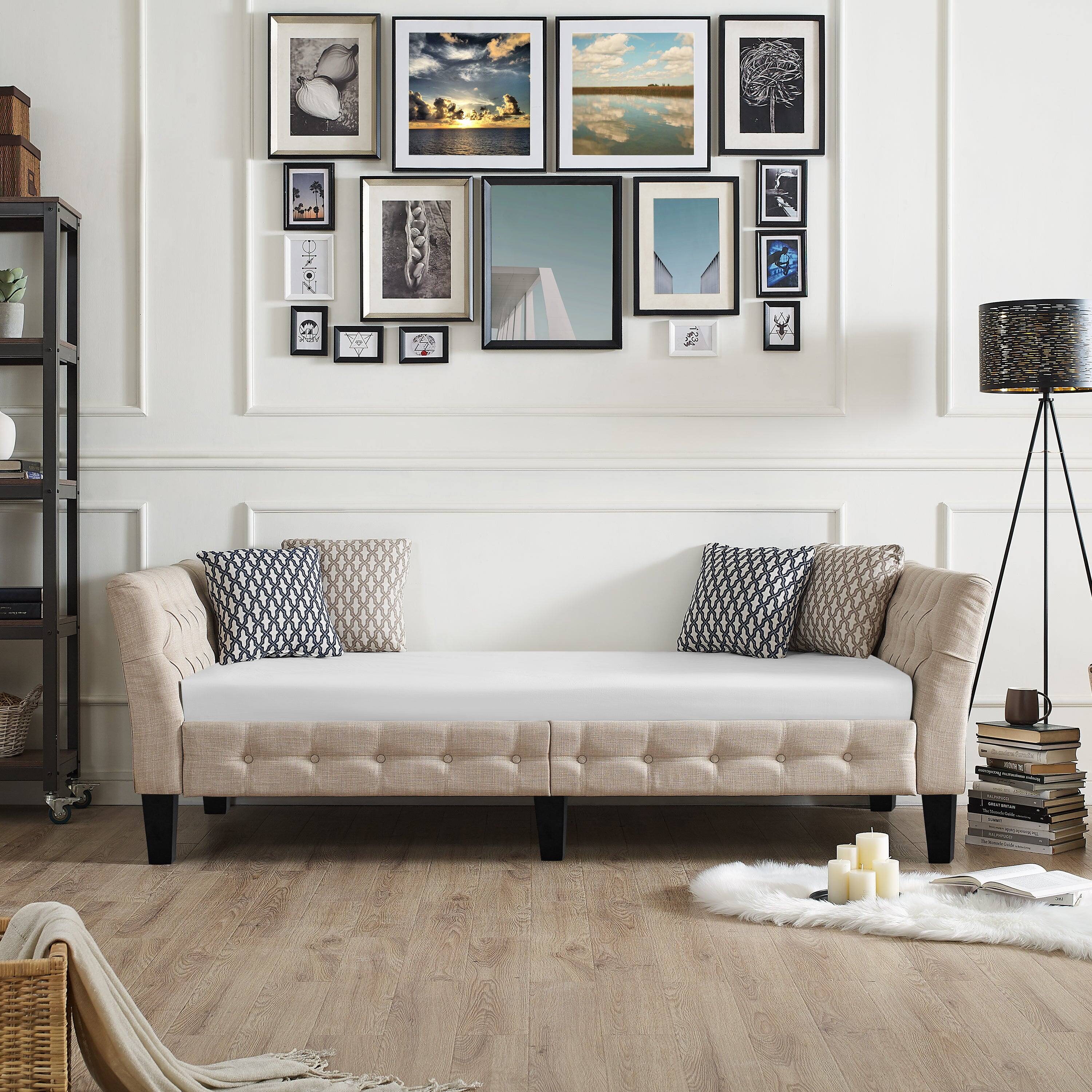 Boyel Living - 88 in Button Tufted Upholstered Bed Vintage Style Bed Frame with Solid Wood Legs in White - Off-white