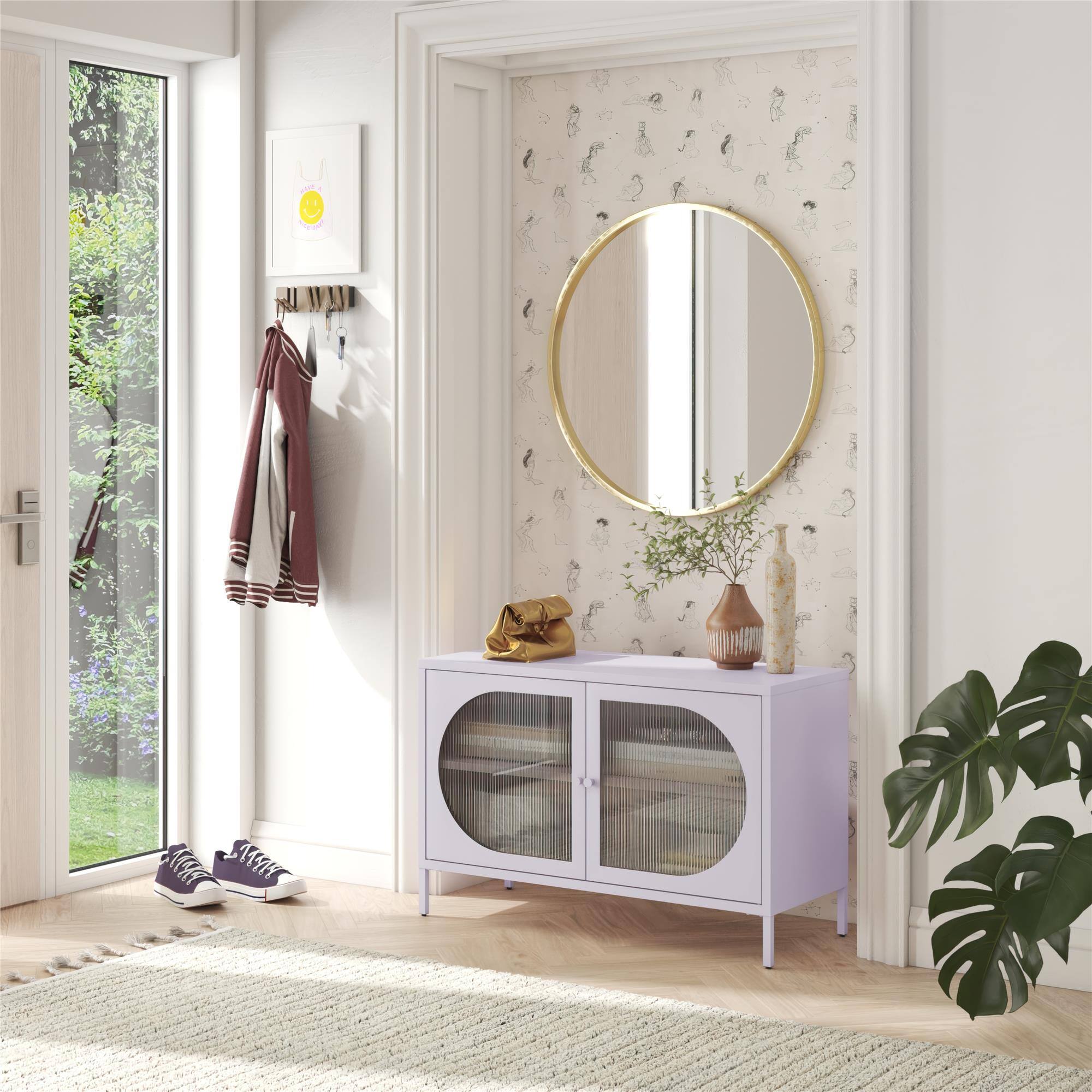 Front. Aukfa - Wide 2-Door Accent Cabinet - Fluted Glass Doors, Metal Frame, 39.4"W x 25.2"H, 2 Shelves (1 Adjustable) - Purple.