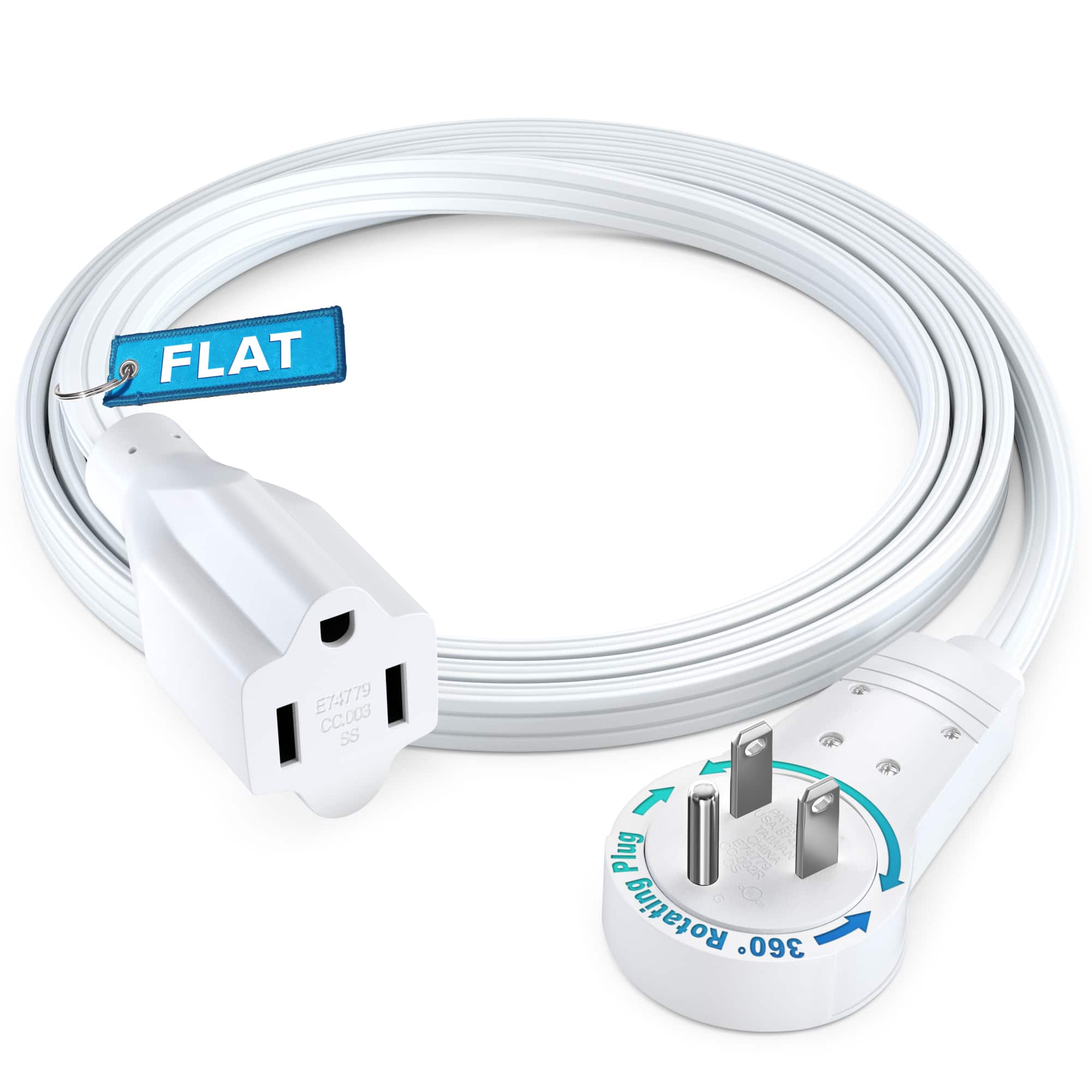 Maximm - 360° Rotating Flat Plug Extension Cord 3 feet Flat Cord Under Carpet with Slim Space-Saving Plug Design - White