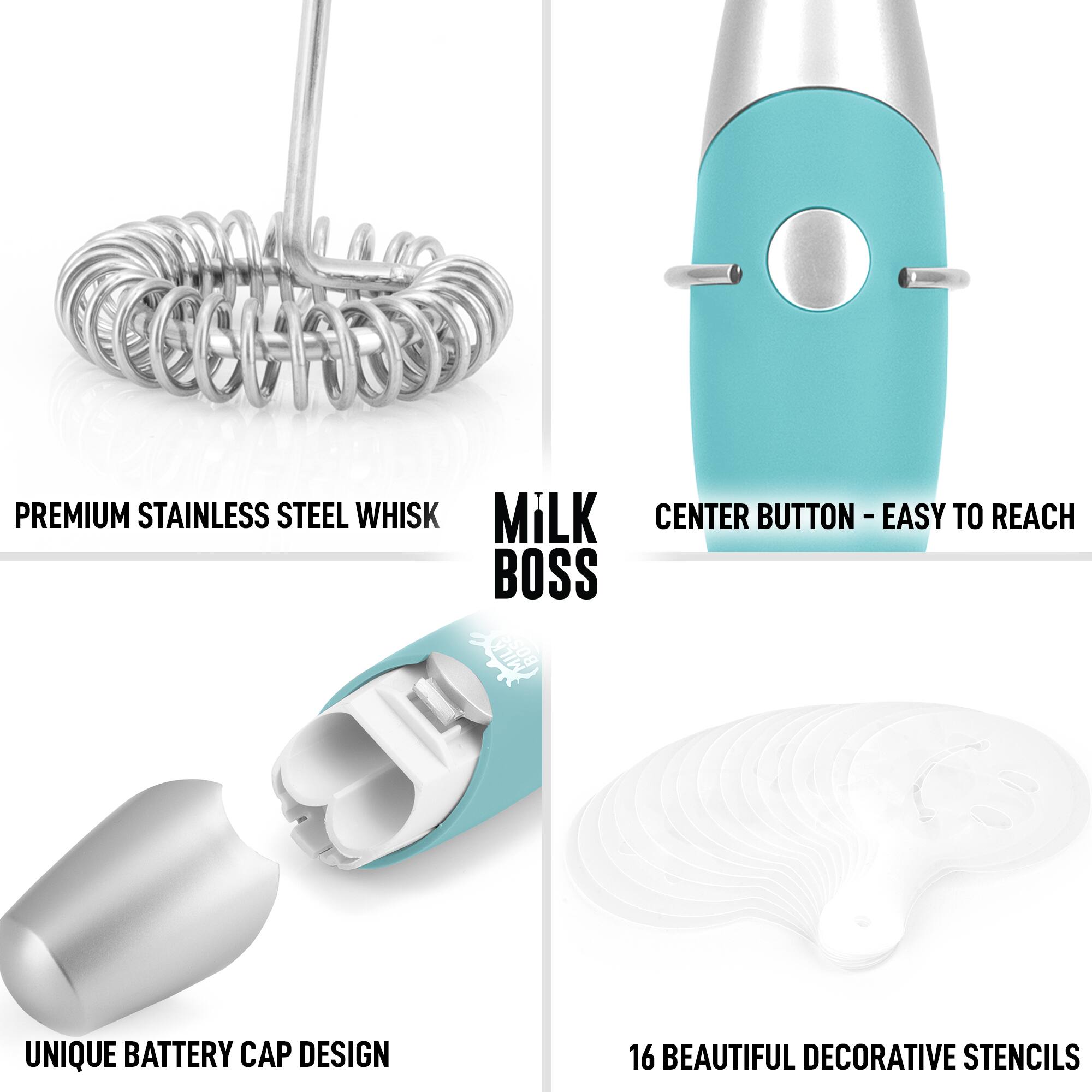 - PREMIUM STAINLESS STEEL WHISK
- MILK BOSS
- CENTER BUTTON - EASY TO REACH
- UNIQUE BATTERY CAP DESIGN
- 16 BEAUTIFUL DECORATIVE STENCILS