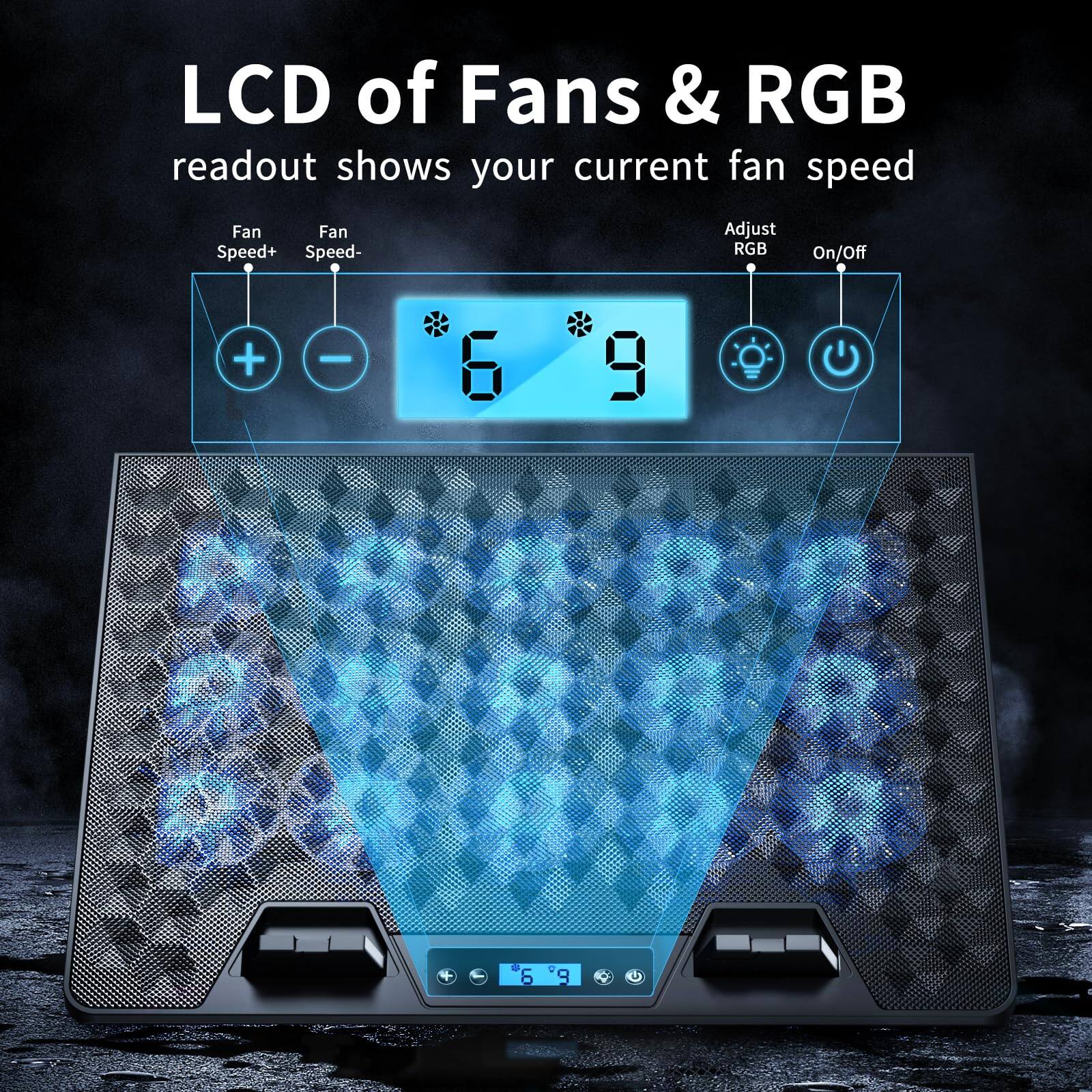 LCD of Fans & RGB  
readout shows your current fan speed  

Fan Speed+  
Fan Speed-  
Adjust RGB  
On/Off  

6  
9