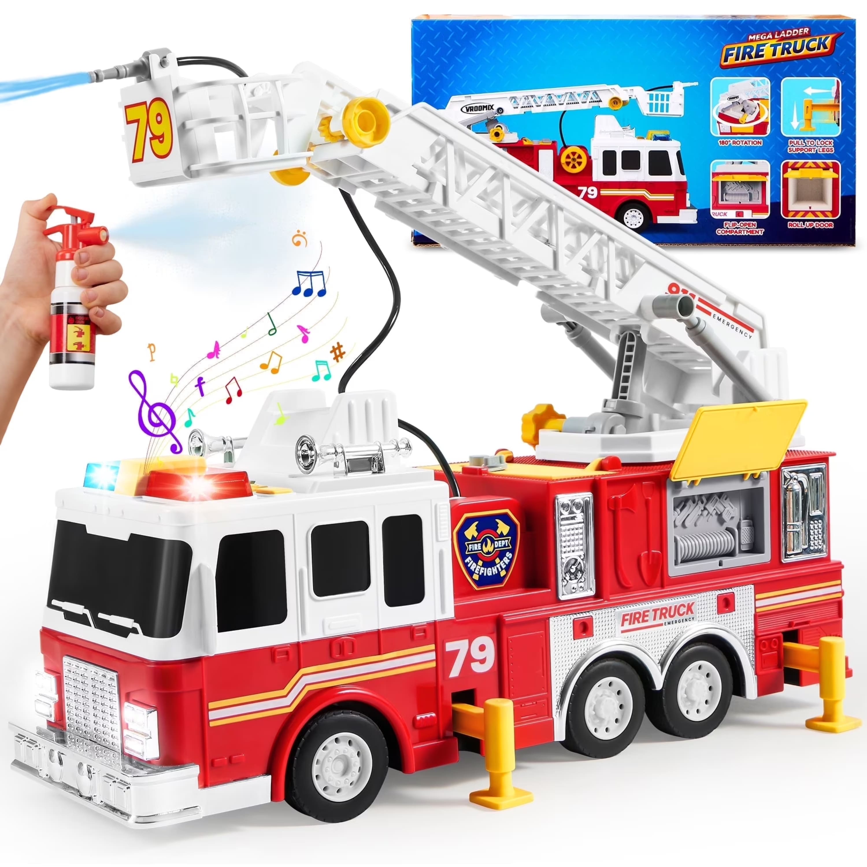 Joyfy - Kids' Toy Fire Truck Extra Large Size Fire Truck Toys, Friction Powered Big Firetruck with 33-inch Extending Ladder