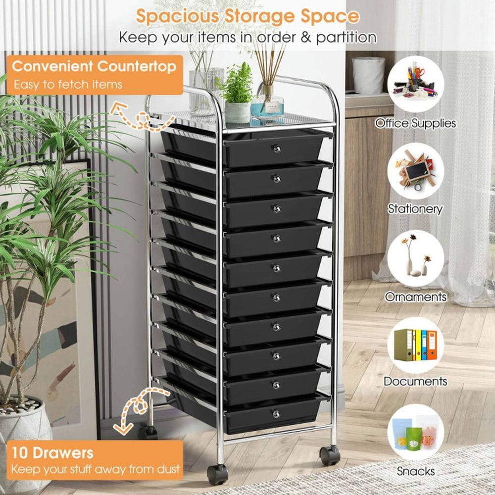 Spacious Storage Space  
Keep your items in order & partition  

Convenient Countertop  
Easy to fetch items  

Office Supplies  
Stationery  
Ornaments  
Documents  

10 Drawers  
Keep your stuff away from dust  

Snacks
