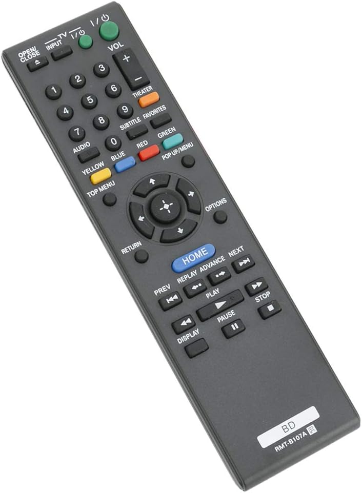 1/0 TV 1/0 INPUT VOL OPEN/ +  3 2 - 1 6 THEATER 5 4 9 FAVORITES 8 SUBTITLE 7 GREEN 0 RED AUDIO  POP UP/MENU /MENU BLUE YELLOW  K MENU TOP OPTIONS I A RETURN NEXT HOME ADVANCE DN REPLAY PREV PLAY STOP PAUSE DISPLAY 50 RMT-B107A