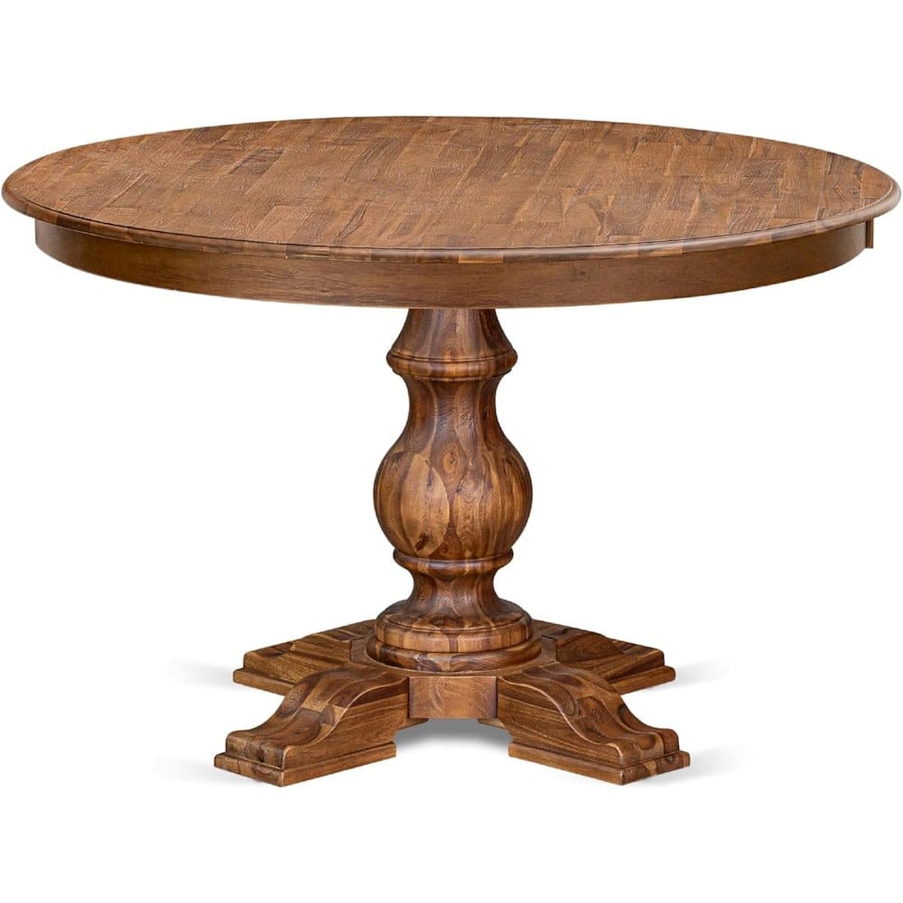 East West Furniture - Kitchen Table with Acacia Wood Round Tabletop, Antique Walnut Finish - Brown