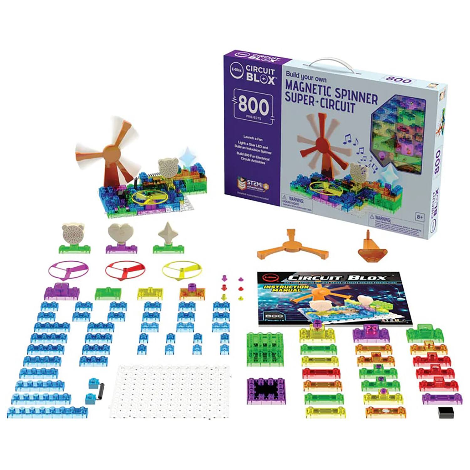 Circuit Blox Magnetic Spinner Kit: Build your own 800 Magnetic Spinner. 800 Super-Circuit Super Projects. Launch Fan Lifter. STEM-based learning. STEM Warning. Includes 800 Circuit Blox Instruction Manual.